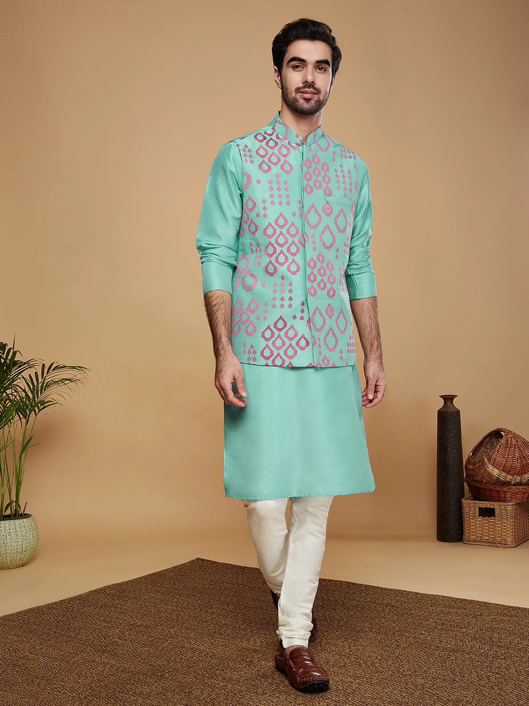 Men Green Embroidered Nehru Jacket - Image 6