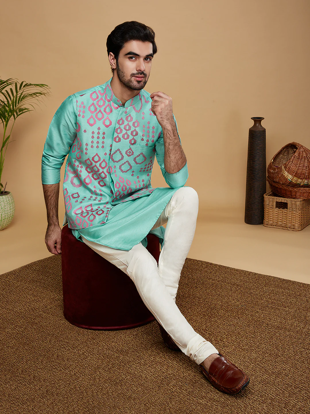 Men Green Embroidered Nehru Jacket - Image 7