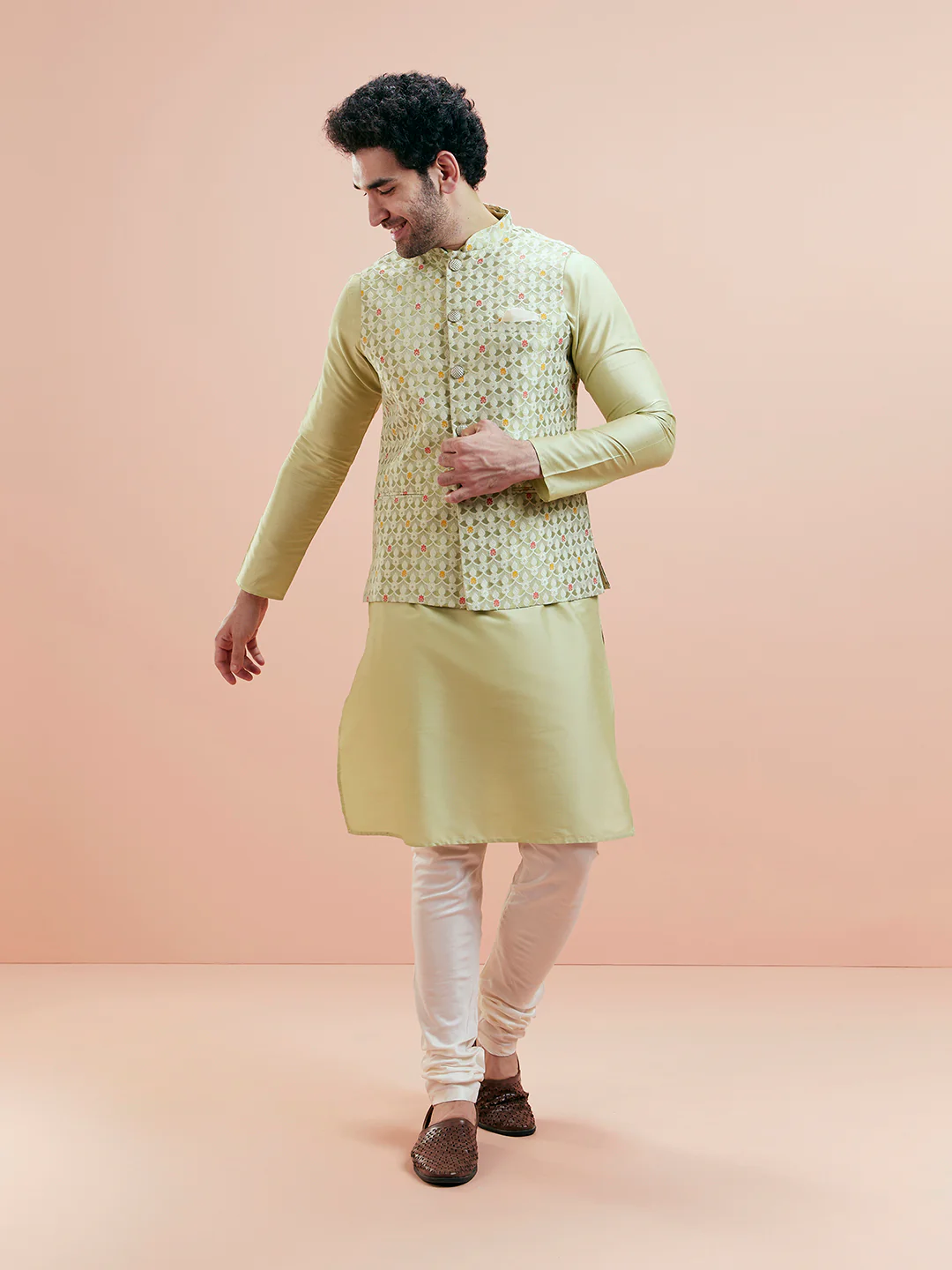 Pastel Green Cotton Silk Textured Nehru Jacket - Image 3