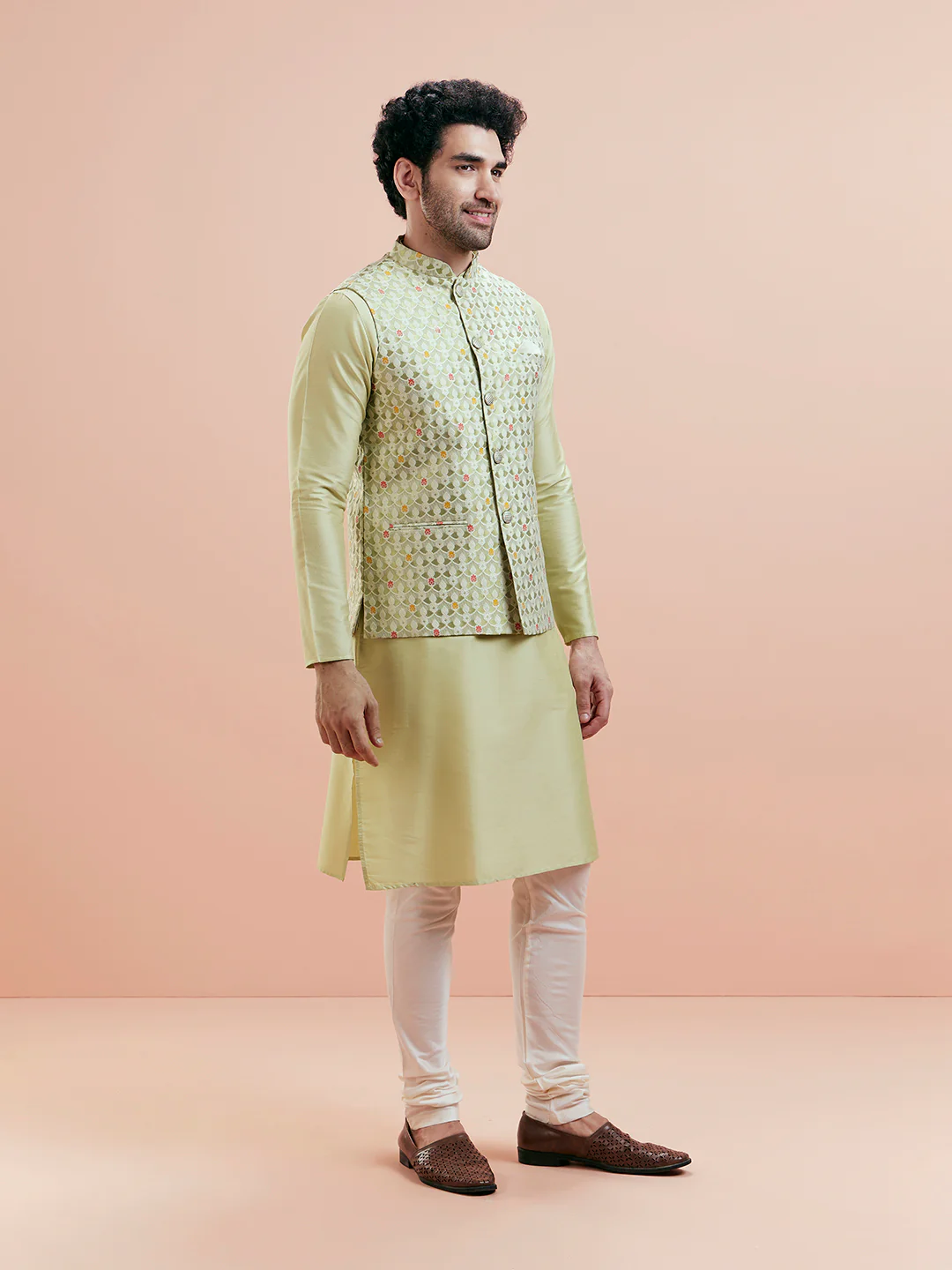 Pastel Green Cotton Silk Textured Nehru Jacket - Image 4