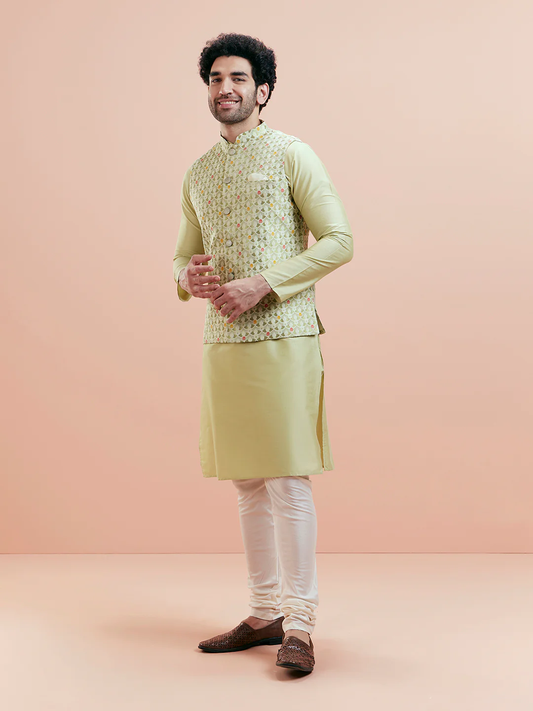 Pastel Green Cotton Silk Textured Nehru Jacket - Image 7