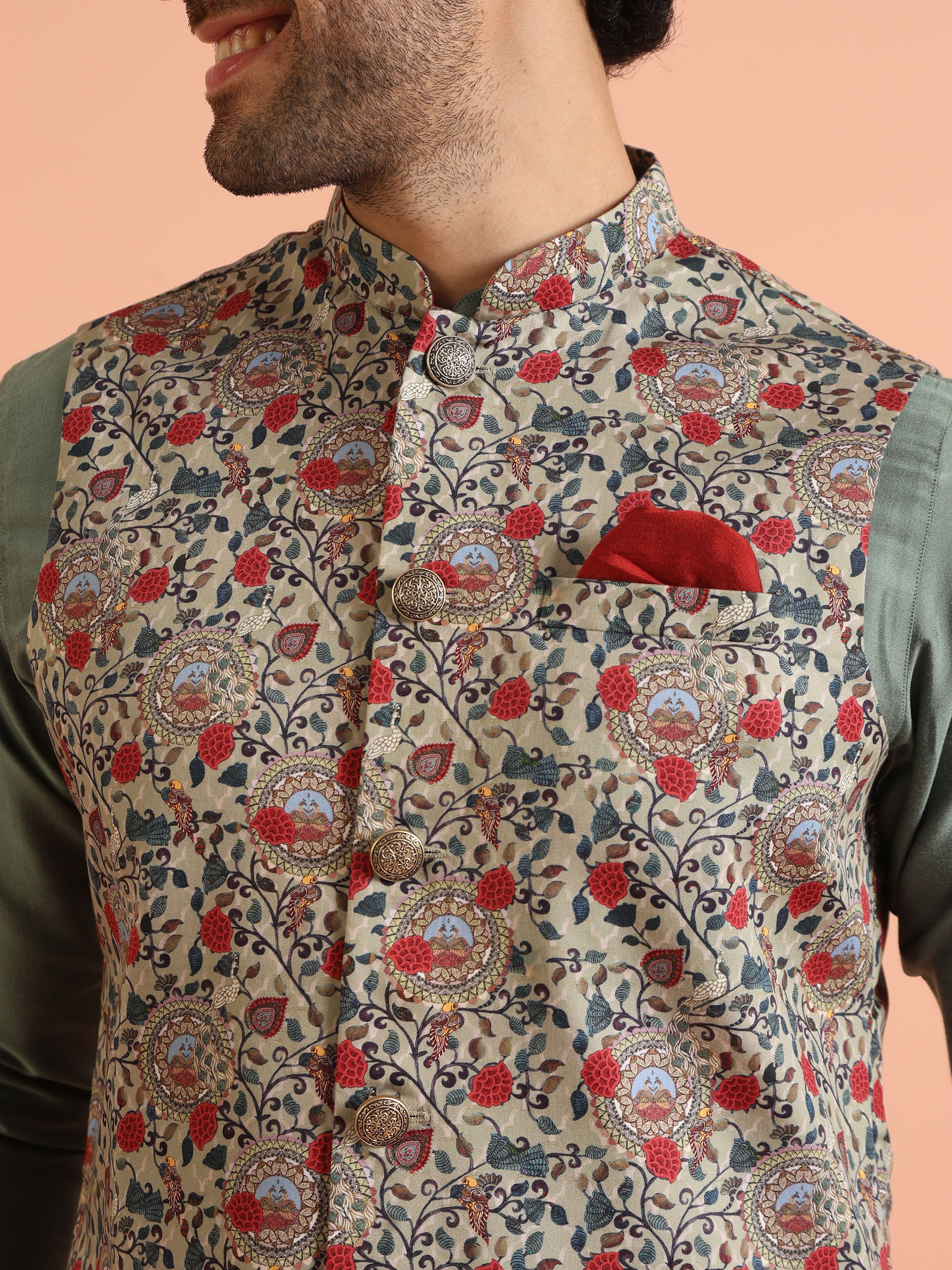 Multicolour Printed Ethnic Motifs Nehru Jacket Set - Image 6