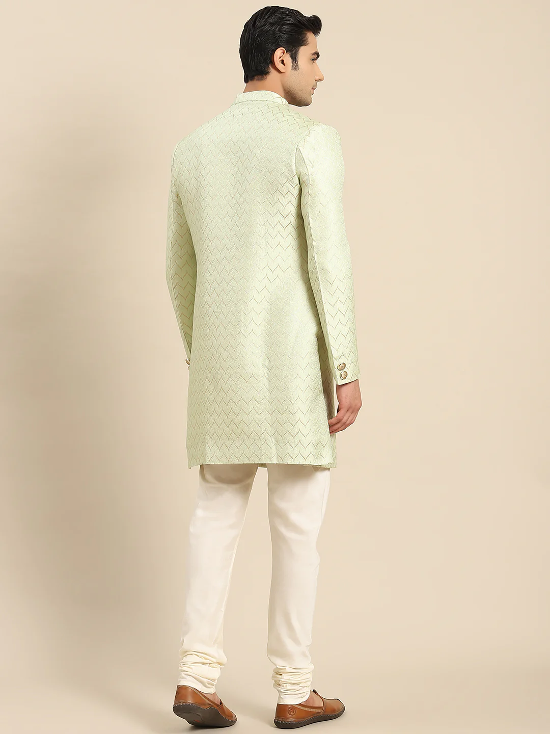 Men Light Green Textured Indowestern Churidar Set - Image 3