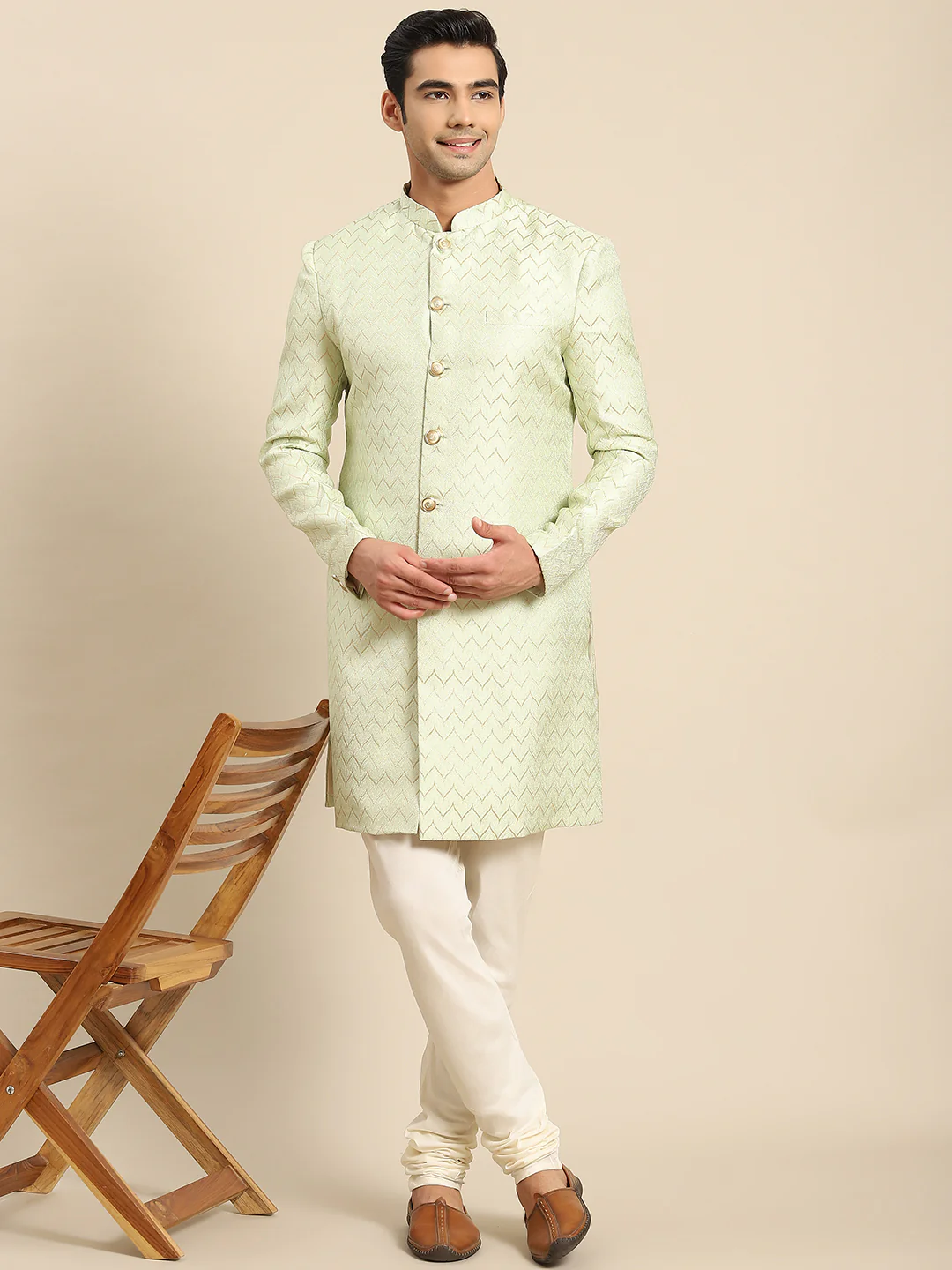 Men Light Green Textured Indowestern Churidar Set - Image 6