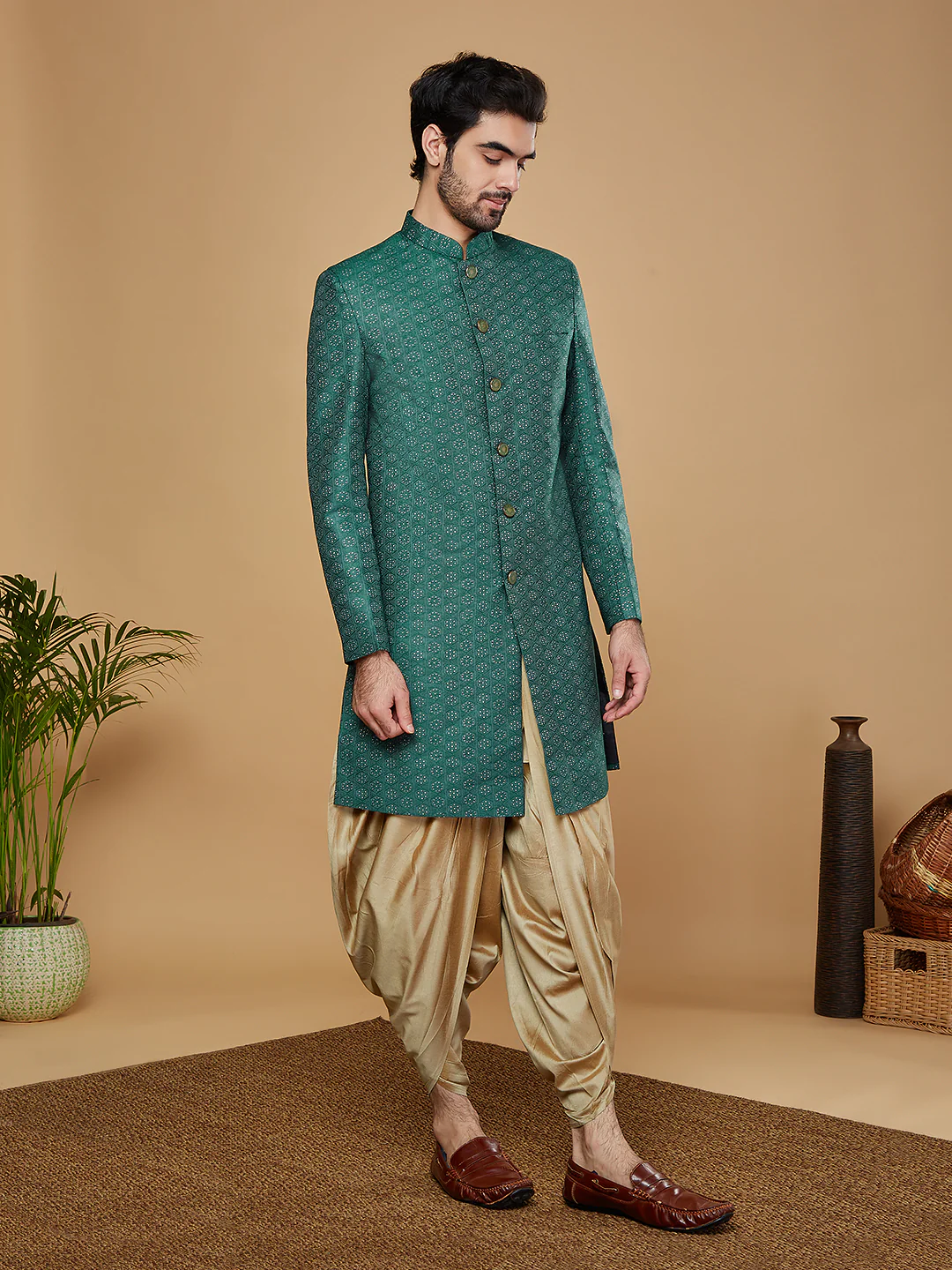 Men Green Sherwani Dhoti Set - Image 2