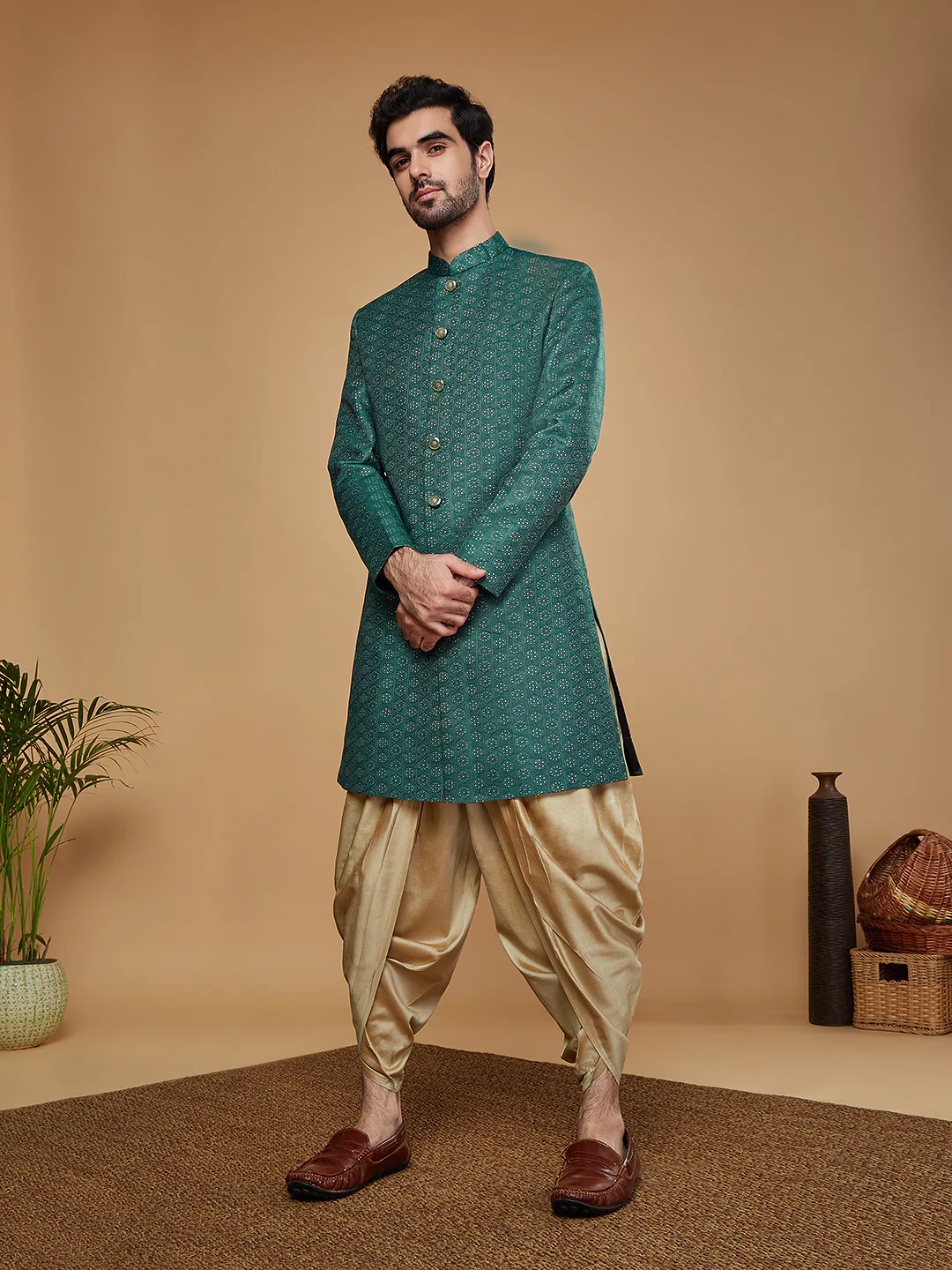 Men Green Sherwani Dhoti Set - Image 3
