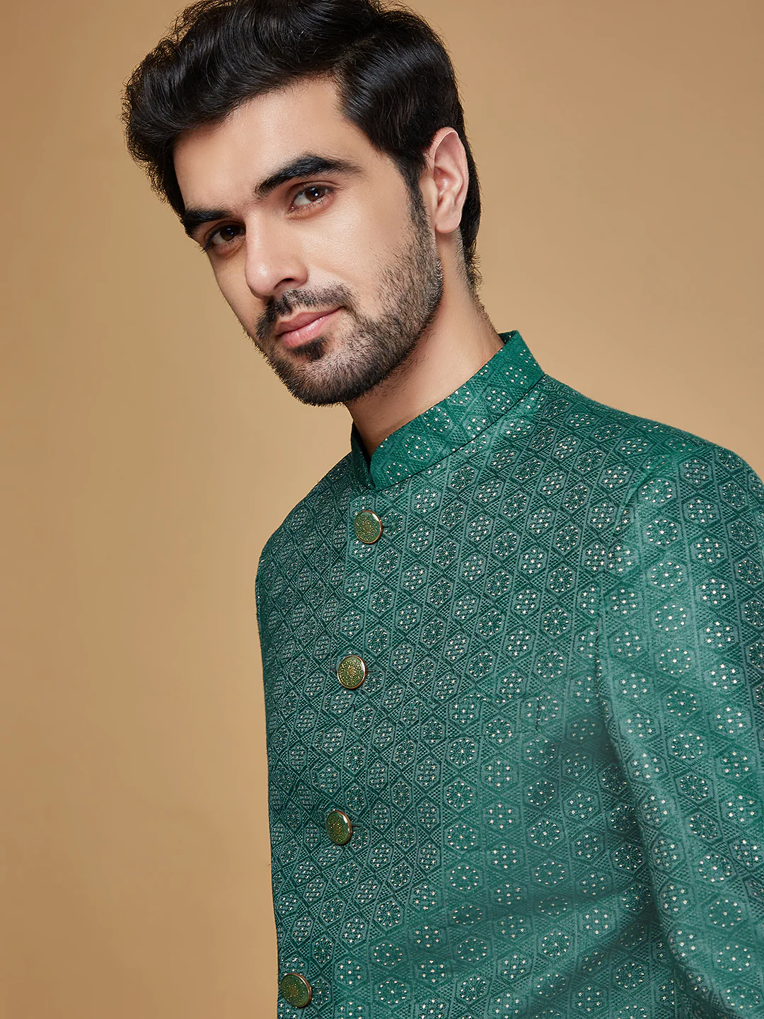 Men Green Sherwani Dhoti Set - Image 5