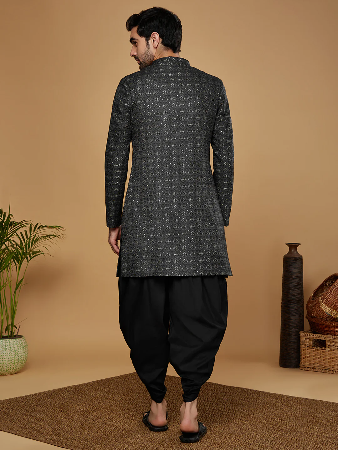 Black Silk Blend Jacquard Indowestern Sherwani with Dhoti - Image 4