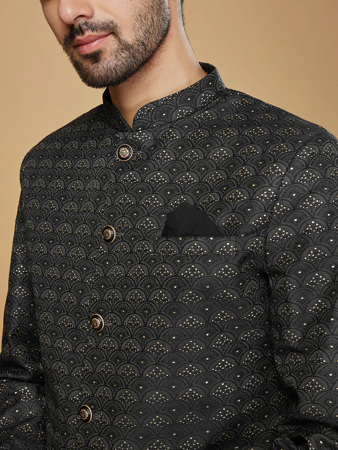 Black Silk Blend Jacquard Indowestern Sherwani with Dhoti - Image 5
