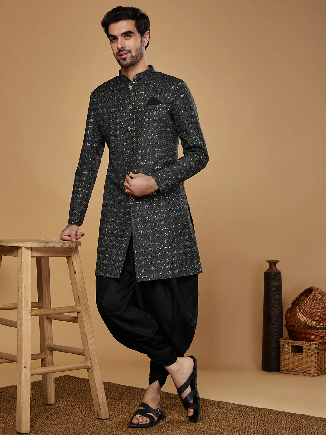 Black Silk Blend Jacquard Indowestern Sherwani with Dhoti - Image 7
