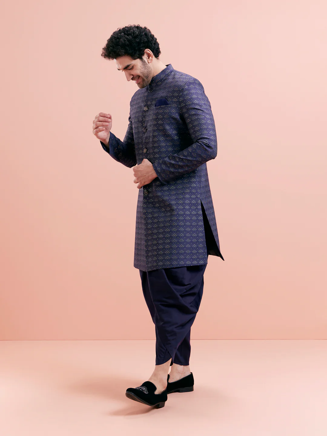 Men Navy Blue Sherwani Dhoti Set - Image 4