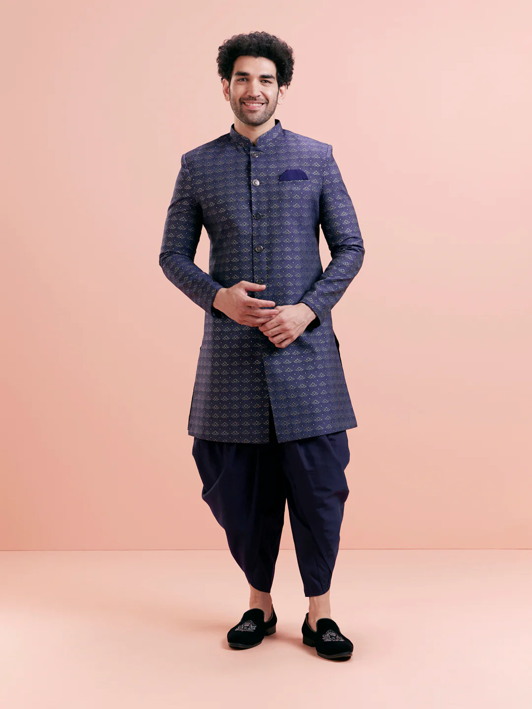 Men Navy Blue Sherwani Dhoti Set - Image 7