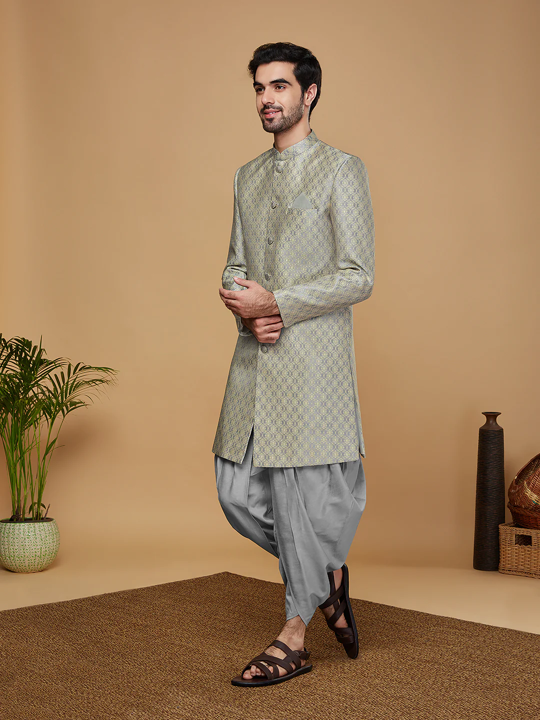 Men Green Sherwani Dhoti Set - Image 3