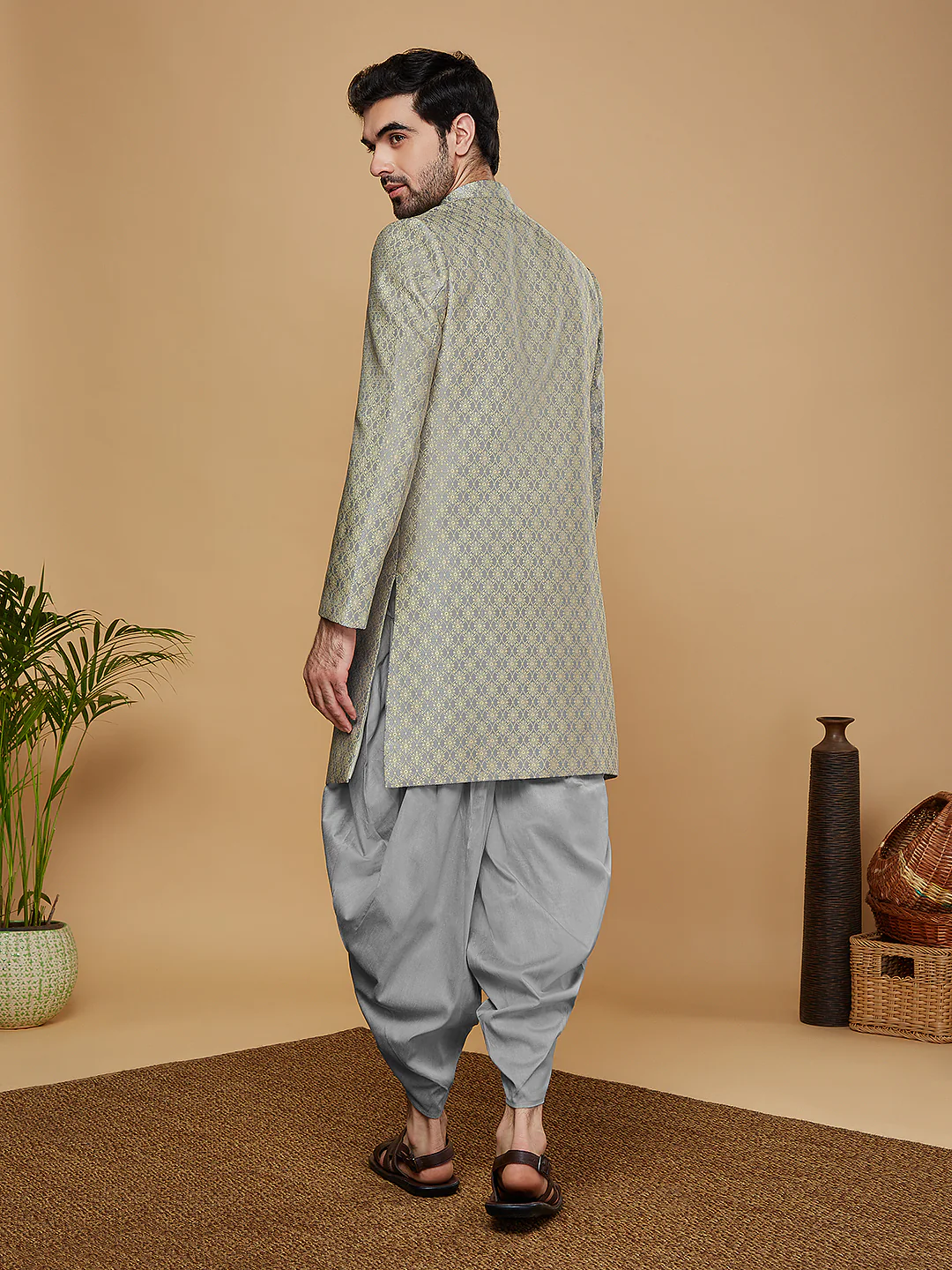 Men Green Sherwani Dhoti Set - Image 4