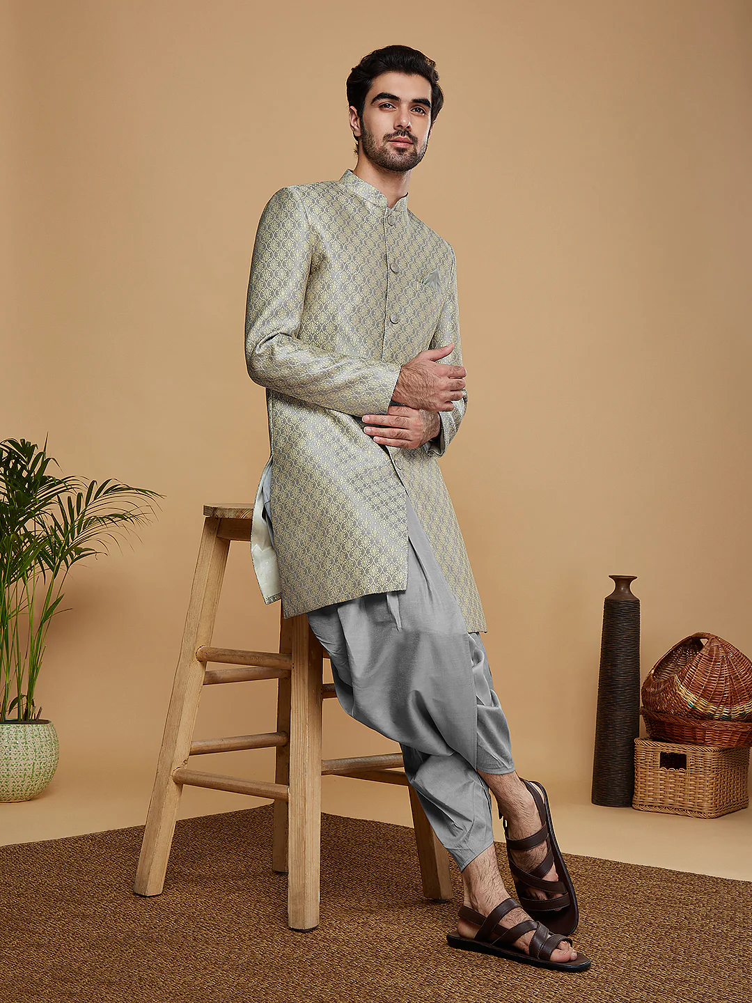 Men Green Sherwani Dhoti Set - Image 7