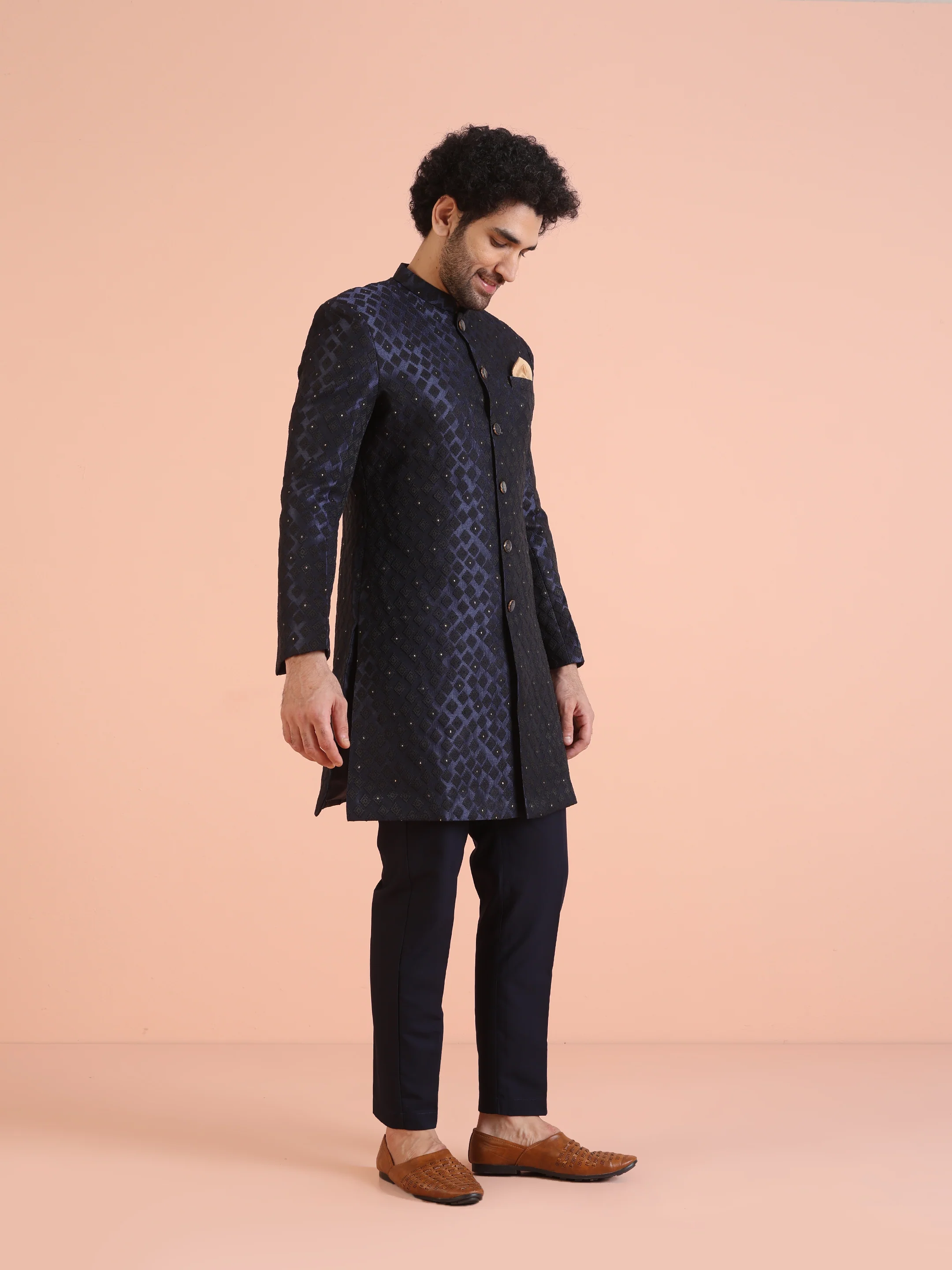 Men Navy Blue Textured Indowestern Trouser Set - Image 2
