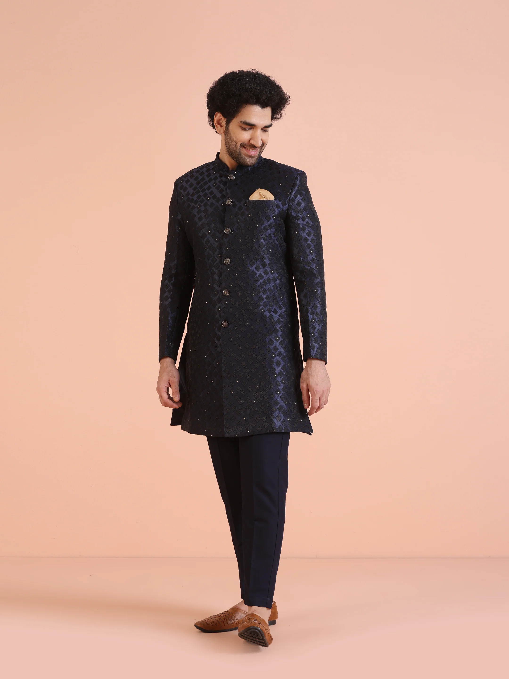 Men Navy Blue Textured Indowestern Trouser Set - Image 3