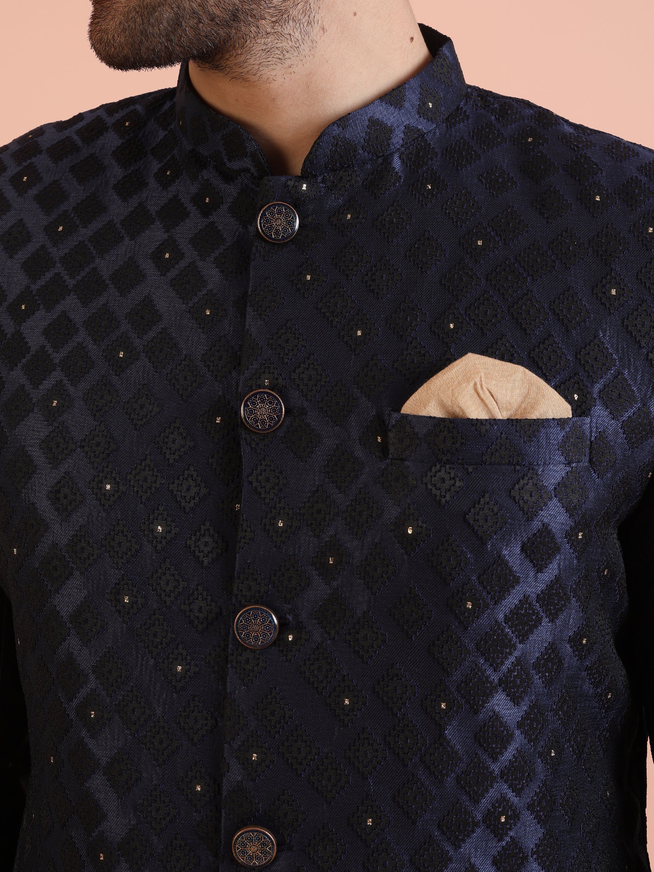 Men Navy Blue Textured Indowestern Trouser Set - Image 5
