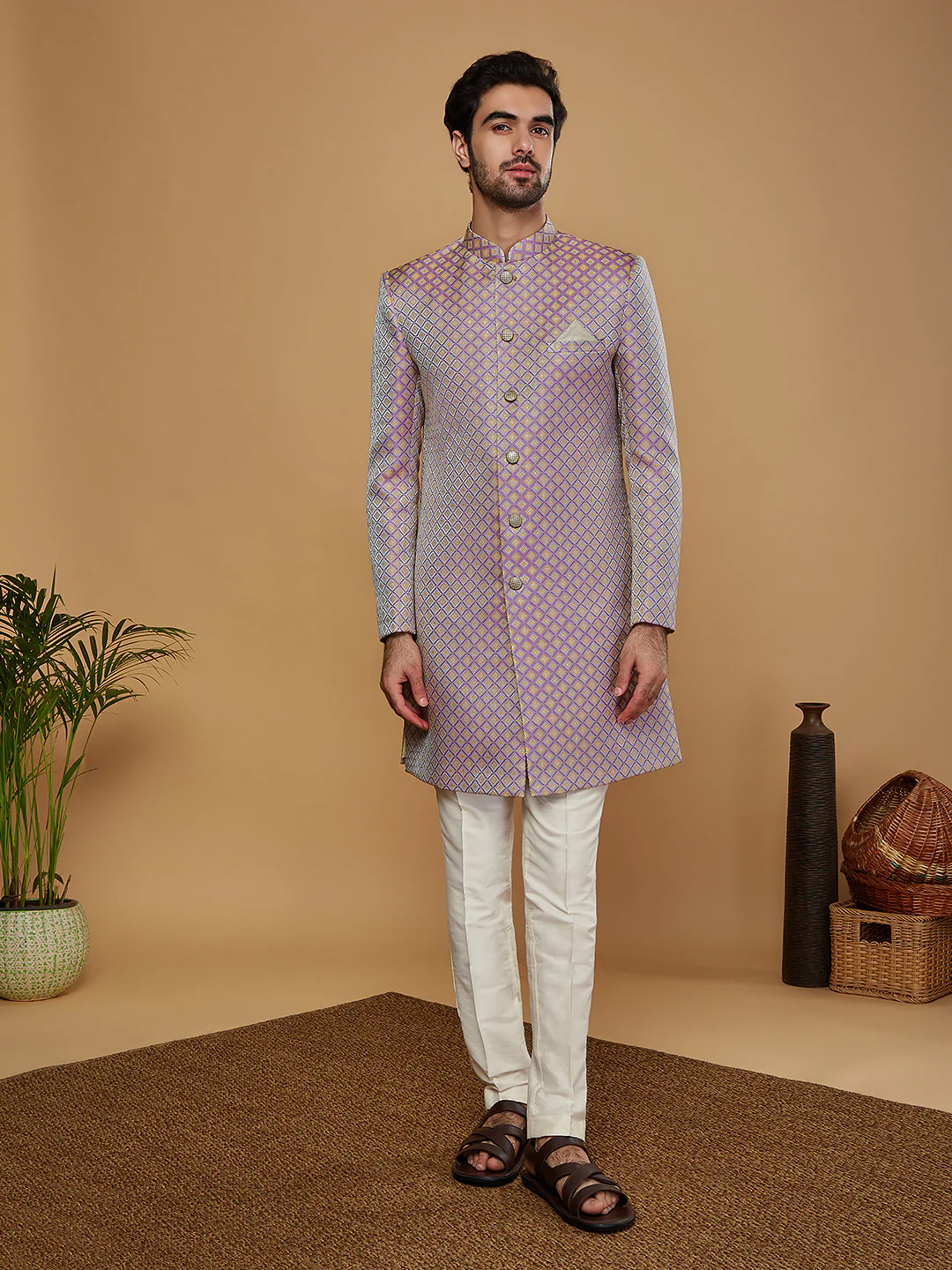 Men Lilac Textured Indowestern Trouser Set
