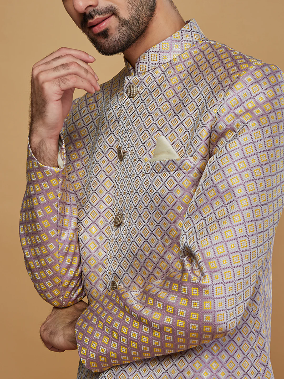 Men Lilac Textured Indowestern Trouser Set - Image 5