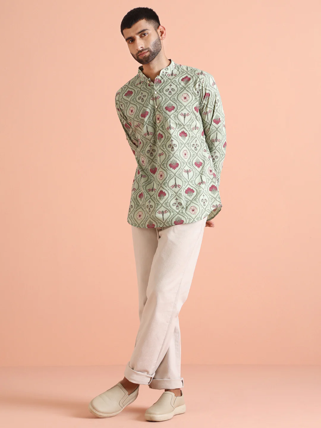 Green Cotton Printed Short Kurta - Image 3