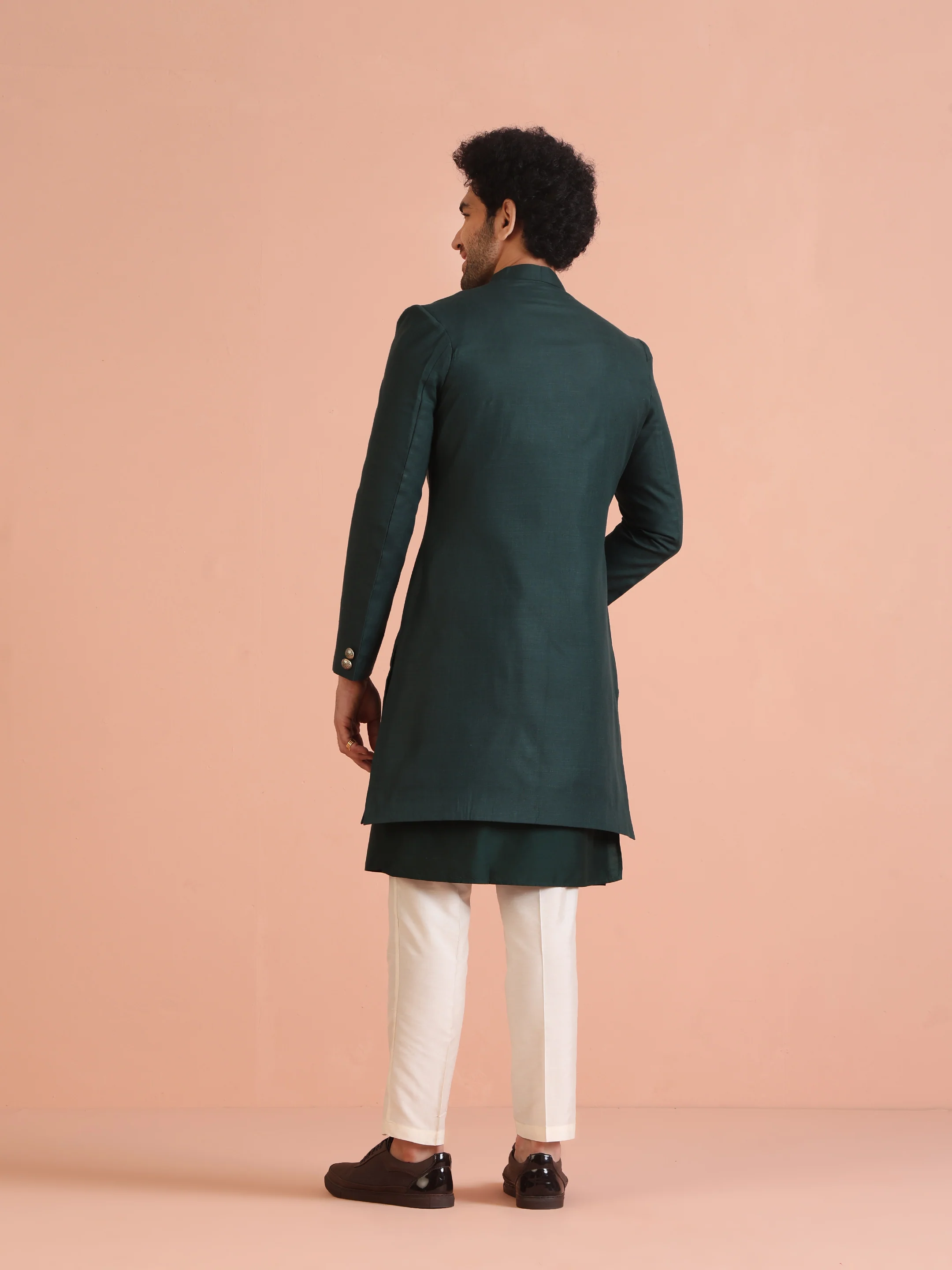 Dark Green Silk Blend Solid Sherwani Achkan Set - Image 4