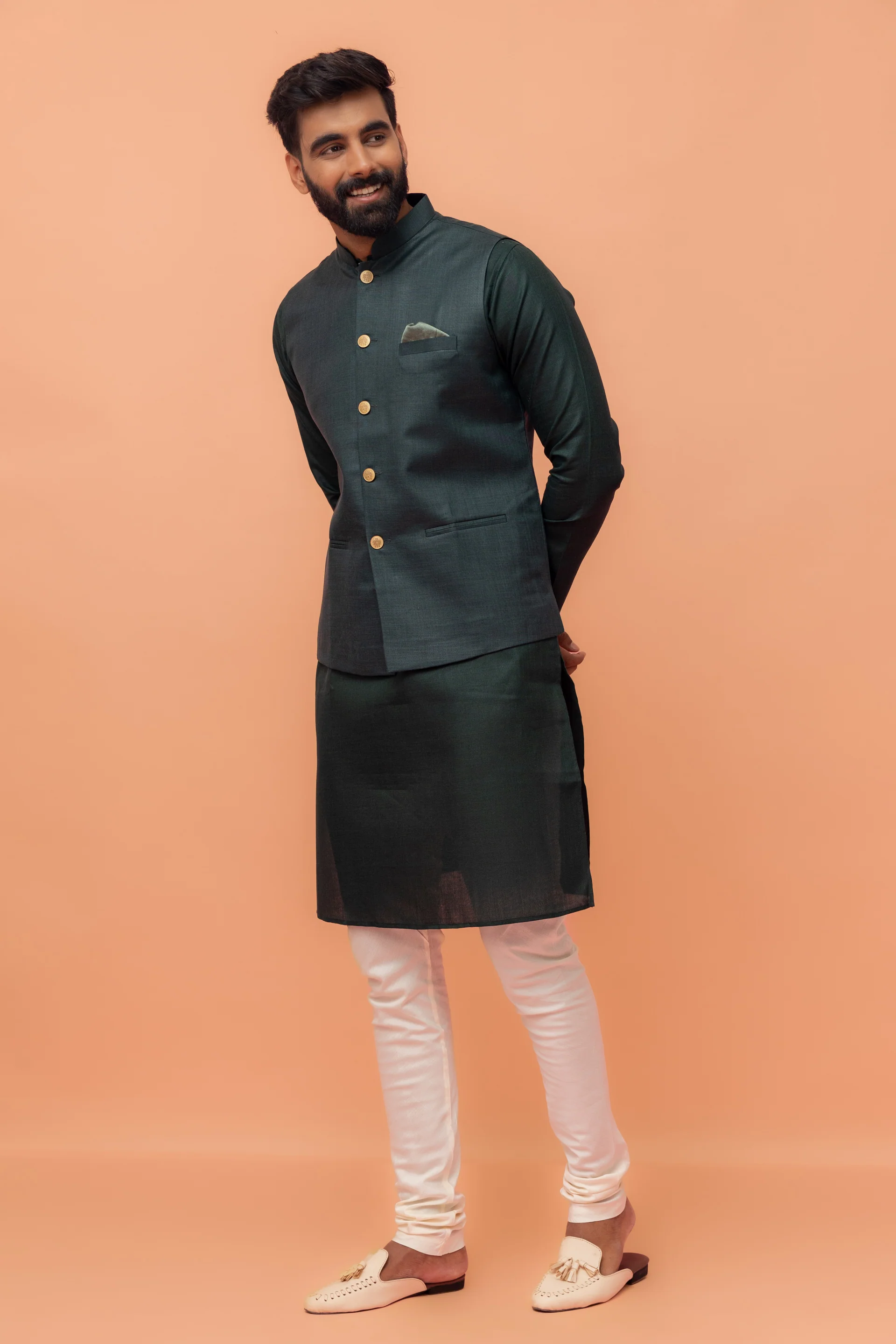 Dark Green Silk Nehru Jacket Kurta Churidar - Image 2