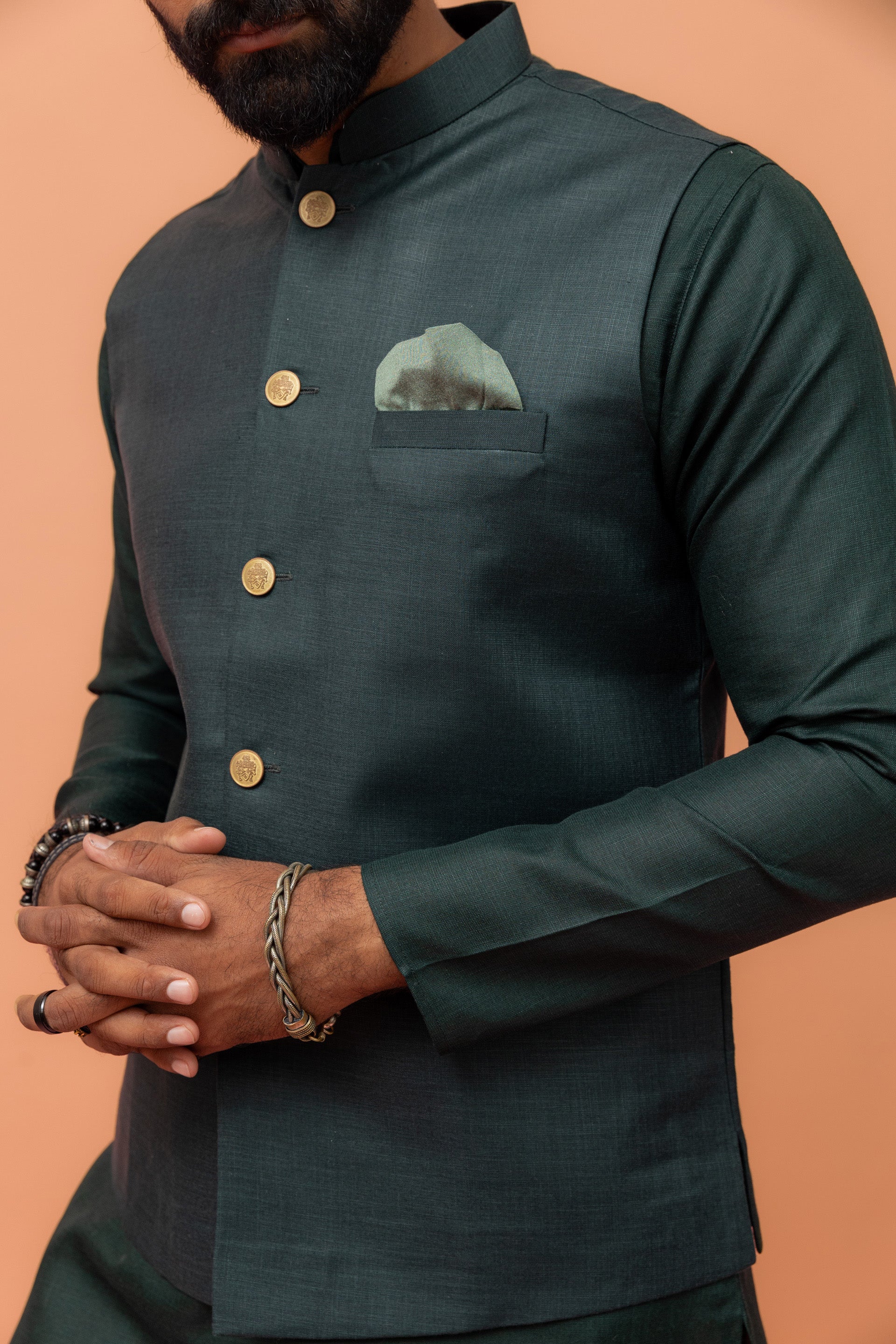 Dark Green Silk Nehru Jacket Kurta Churidar - Image 5