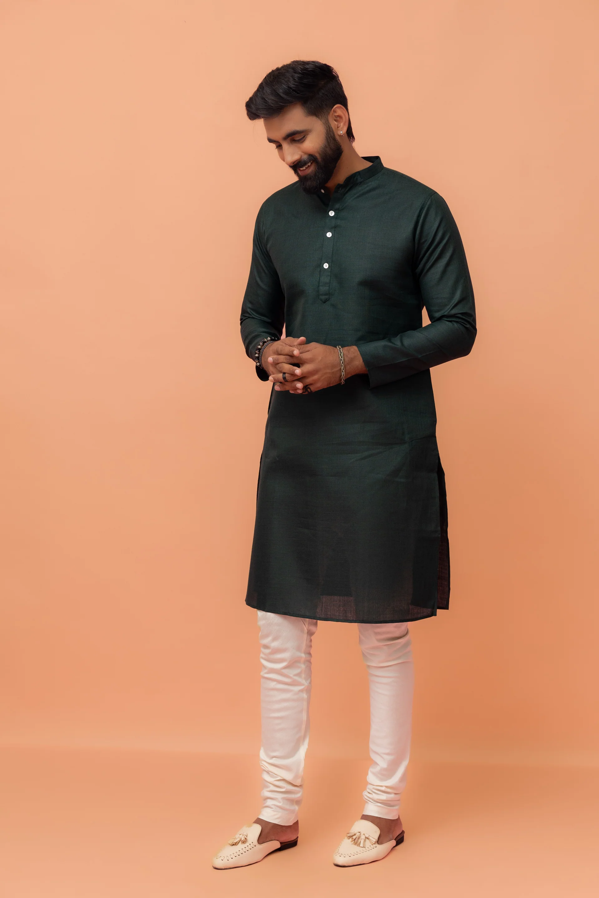 Dark Green Silk Nehru Jacket Kurta Churidar - Image 7
