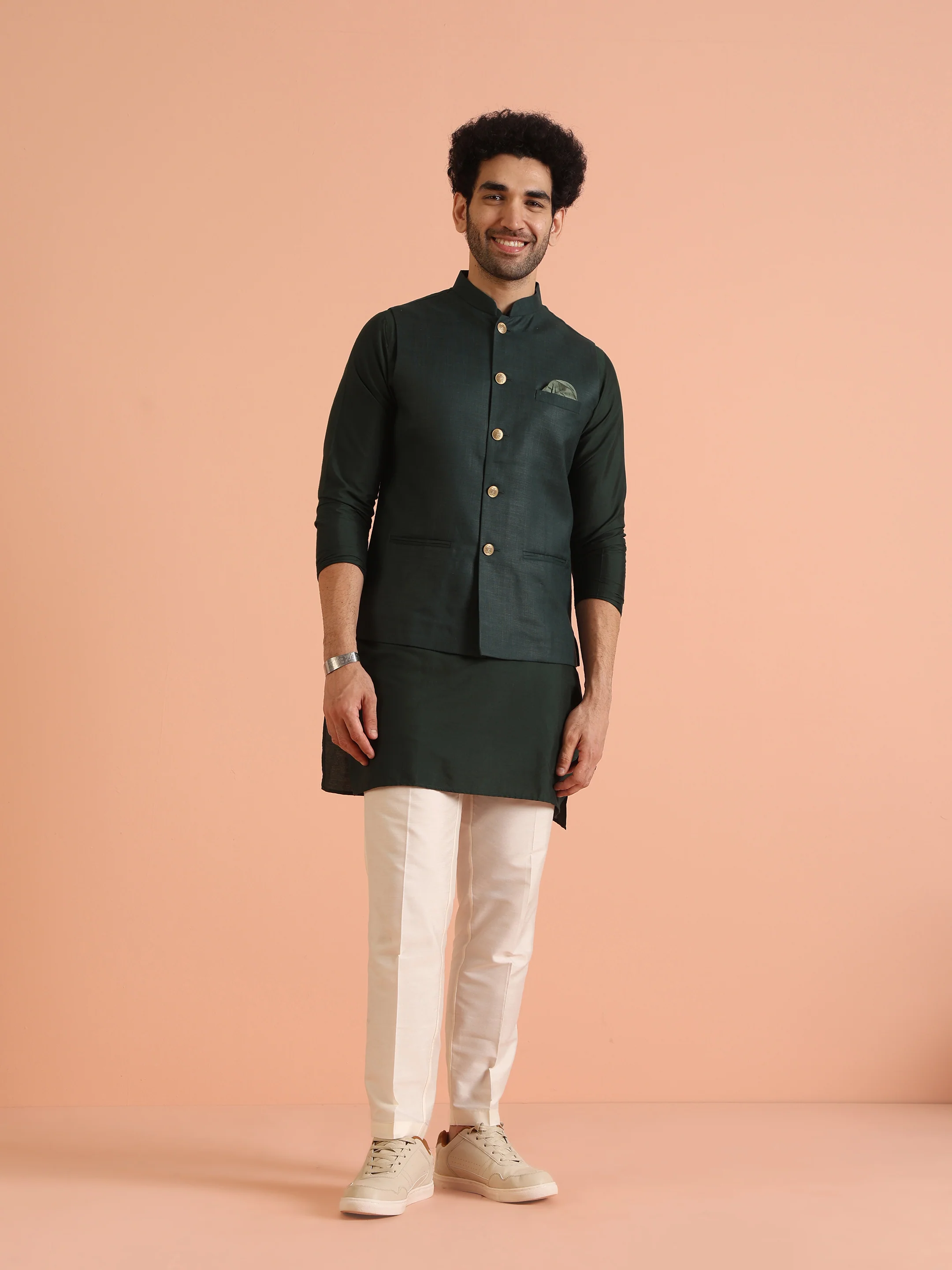 Green Solid Kurta Jacket Trouser Set - Image 2