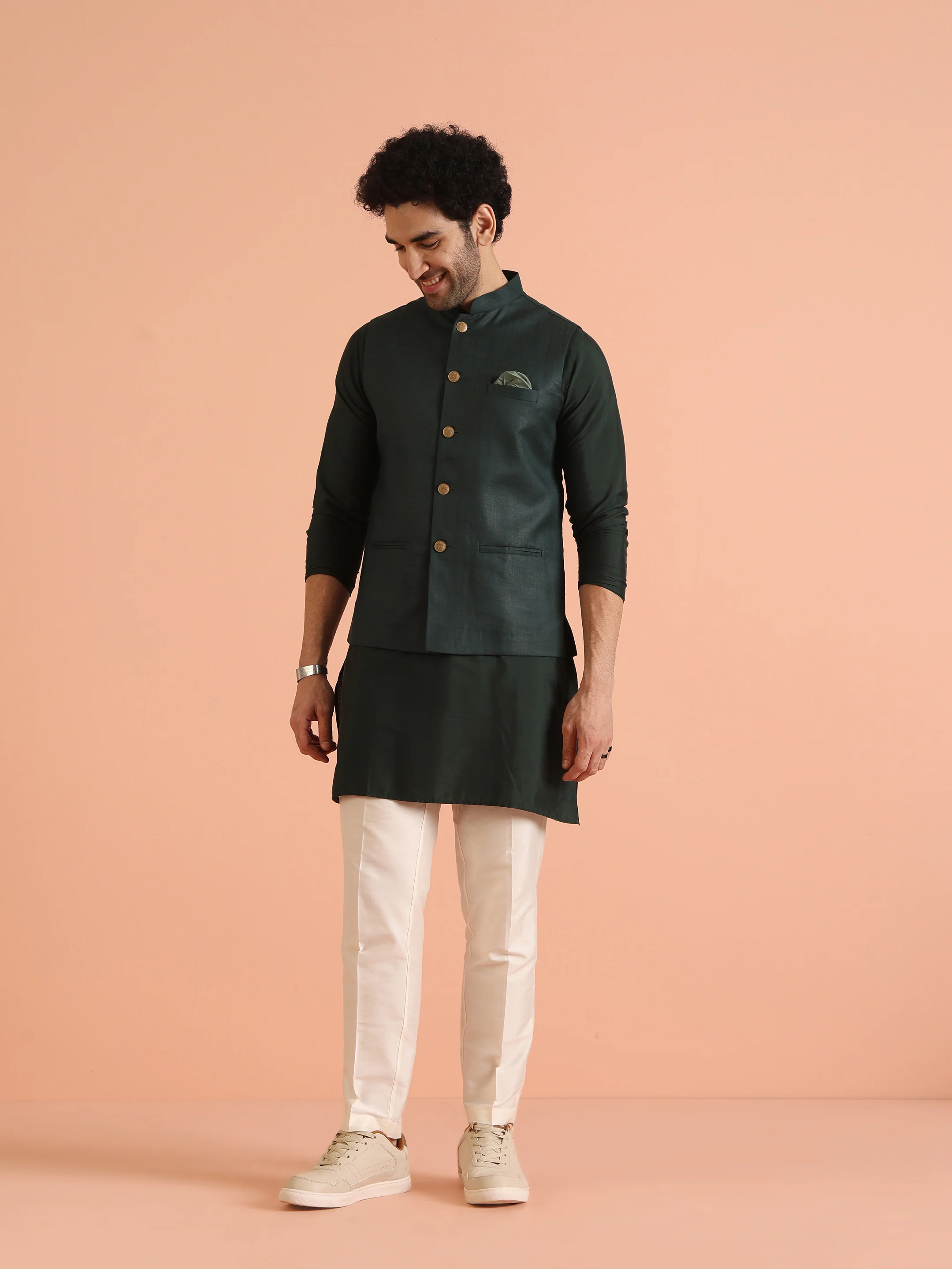 Green Solid Kurta Jacket Trouser Set - Image 4