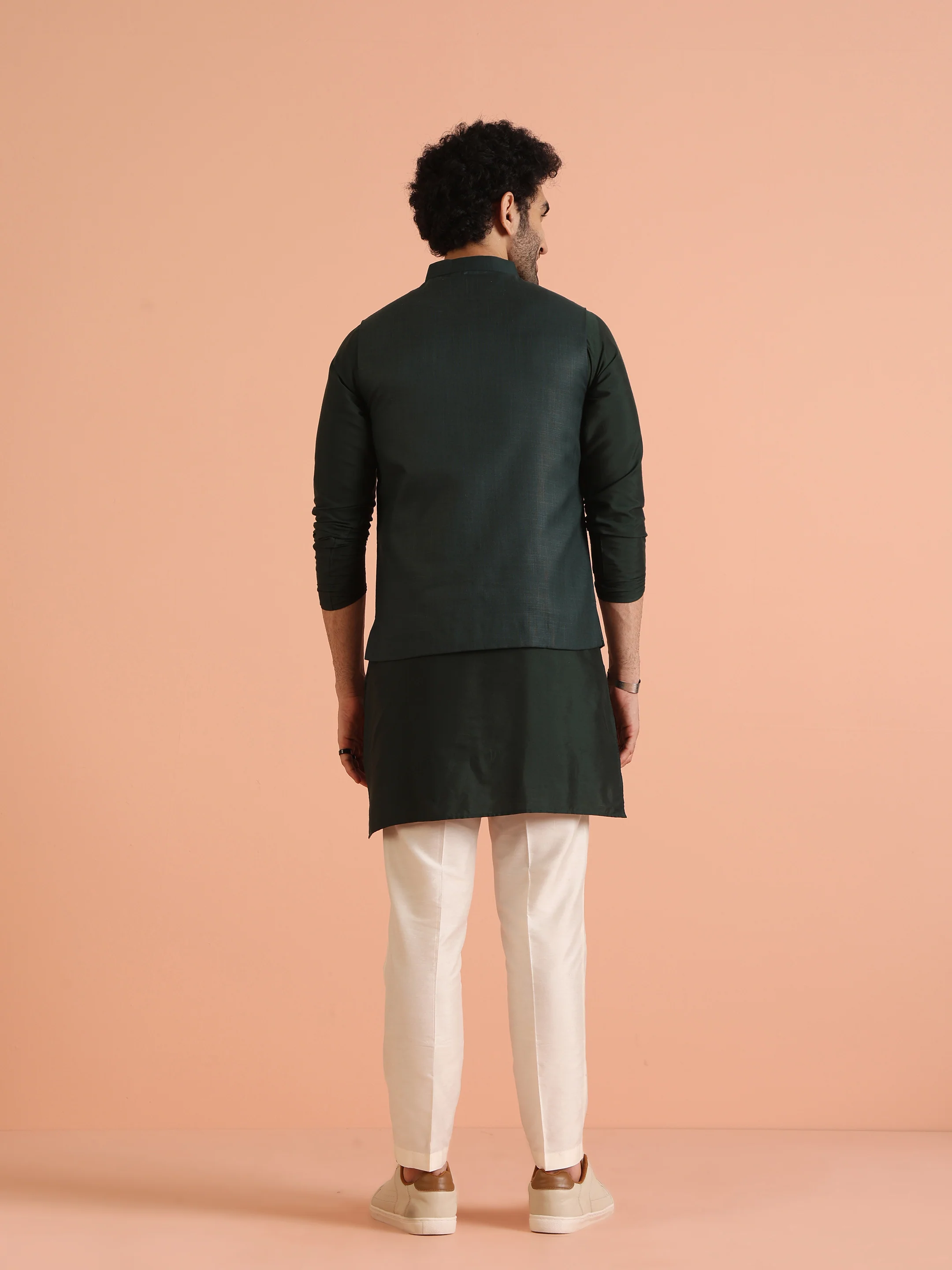 Green Solid Kurta Jacket Trouser Set - Image 5