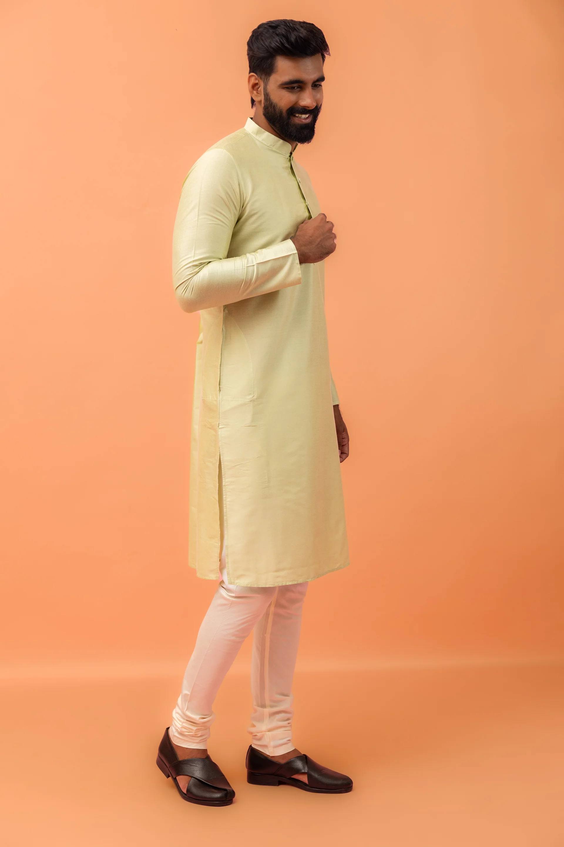 Light Yellow Silk Blend Kurta Churidar Set - Image 2