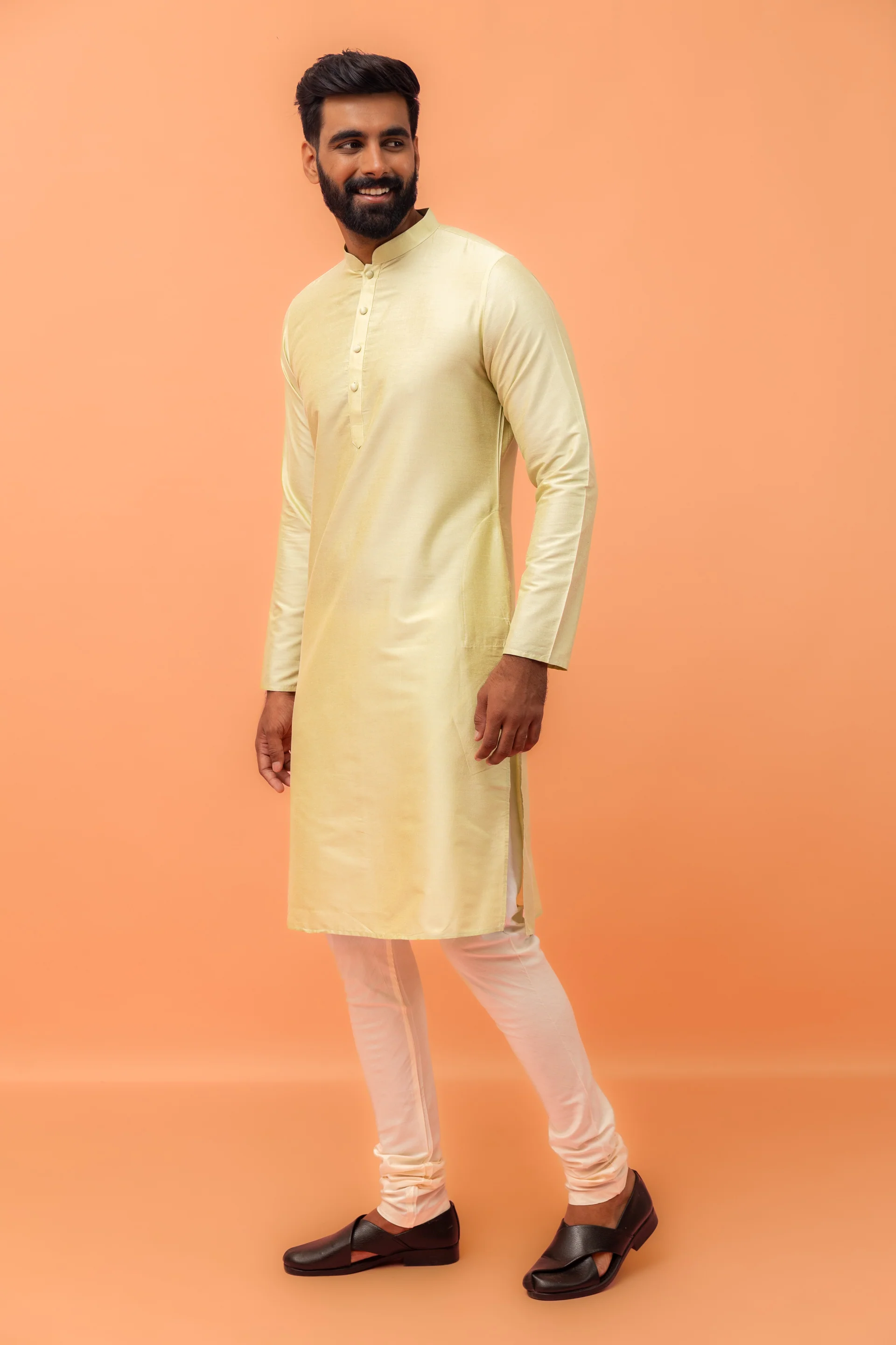 Light Yellow Silk Blend Kurta Churidar Set - Image 3
