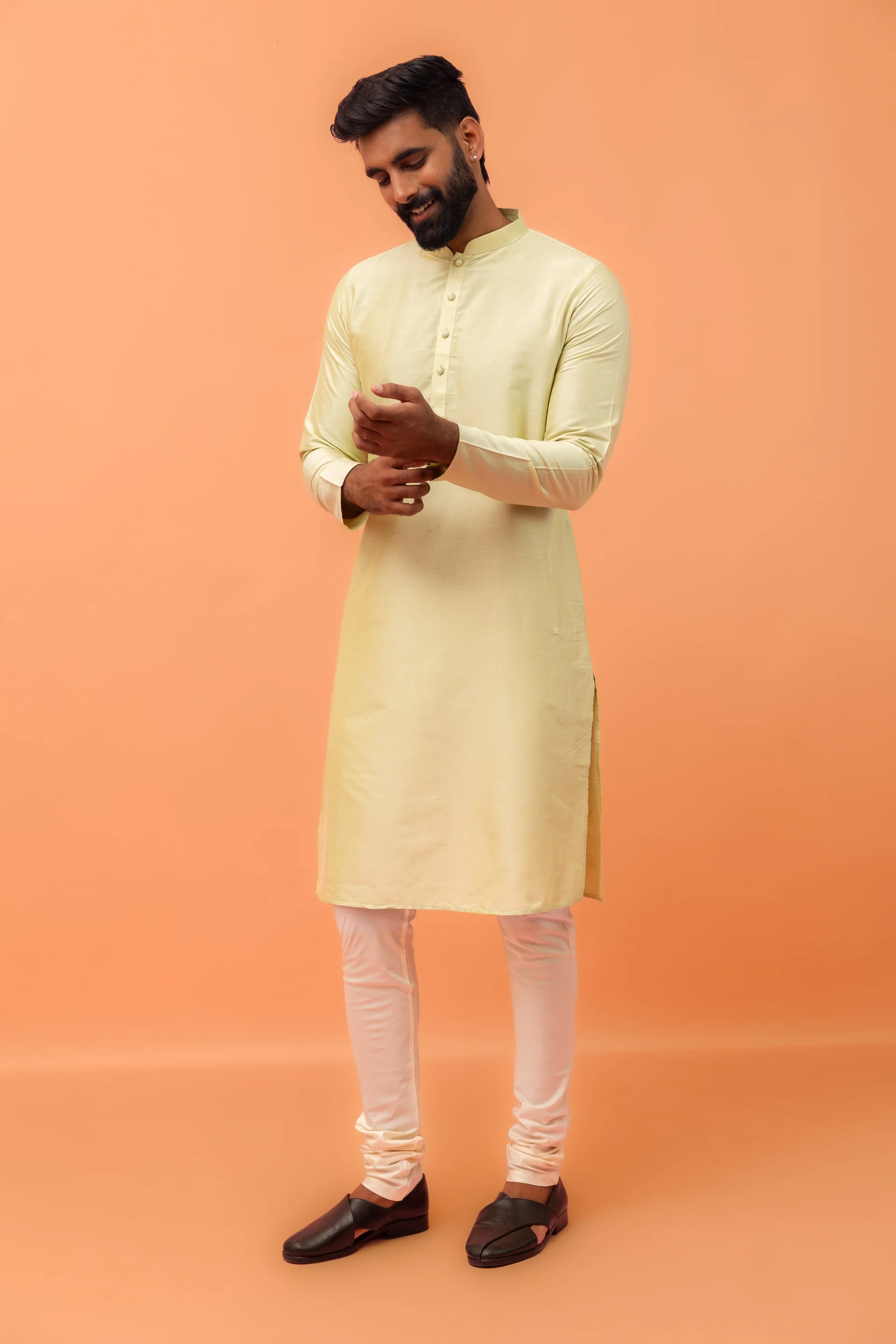 Light Yellow Silk Blend Kurta Churidar Set - Image 8