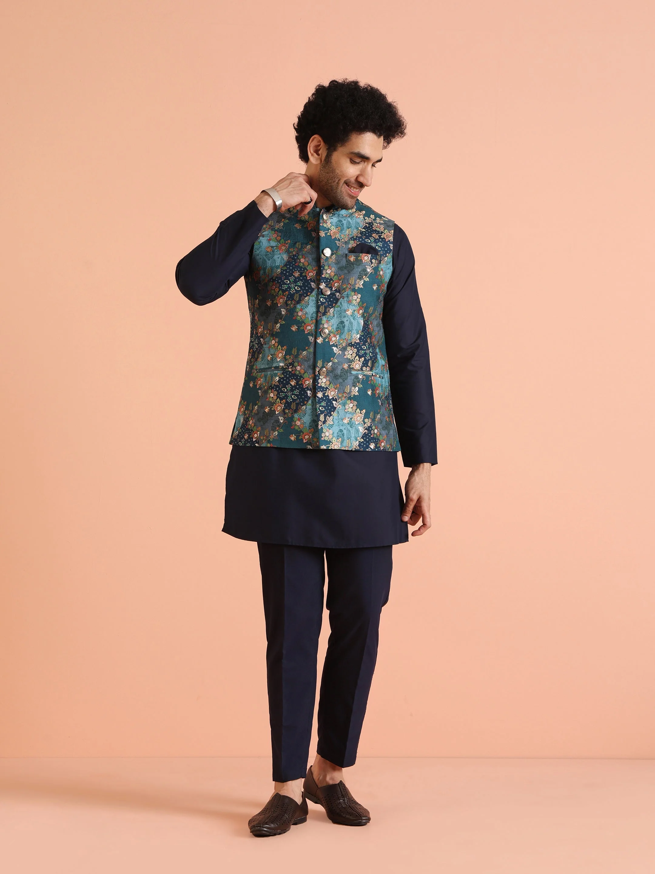 Blue Silk Woven Floral Nehru Jacket Kurta Set - Image 10