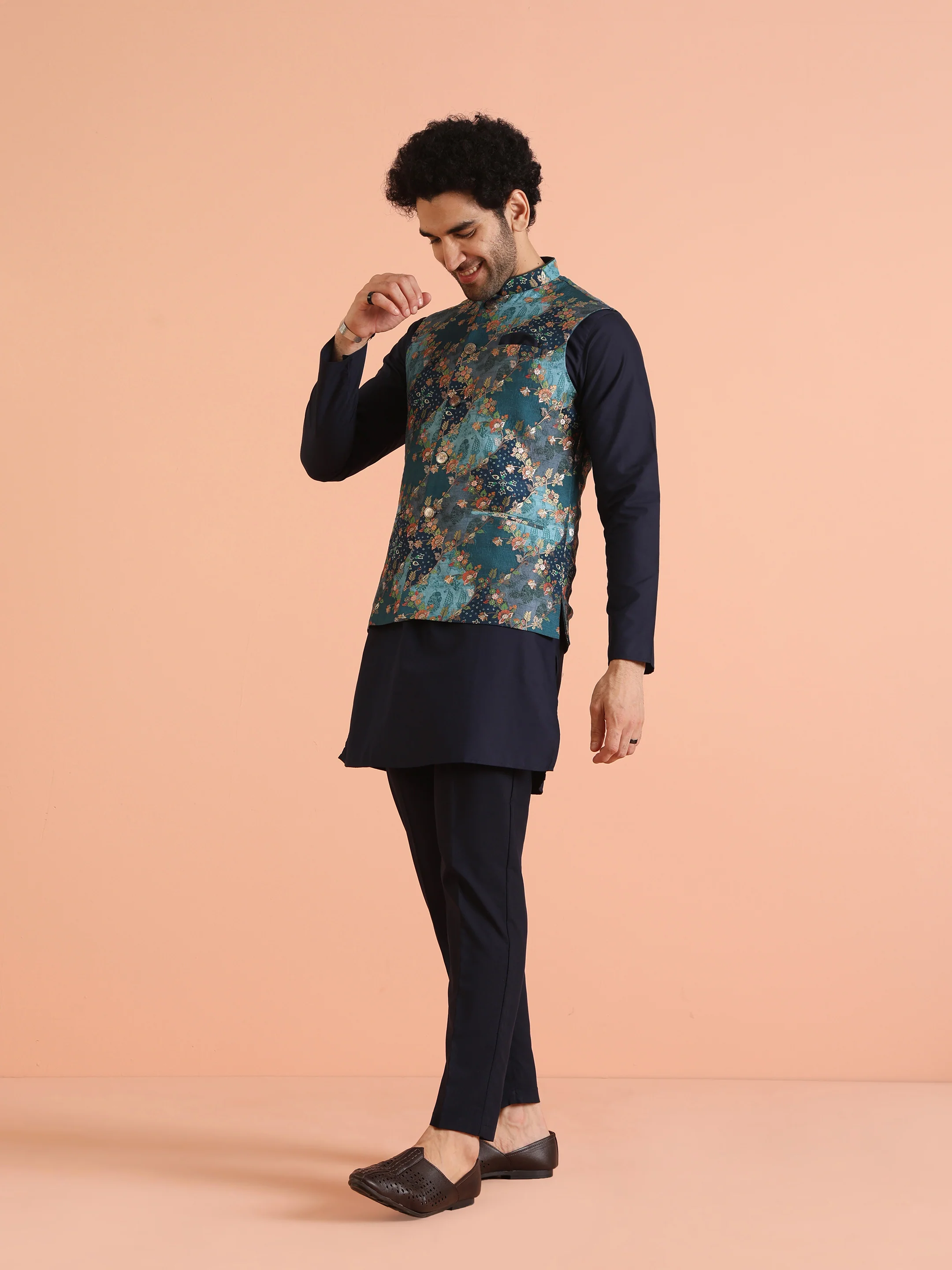 Blue Silk Woven Floral Nehru Jacket Kurta Set - Image 3