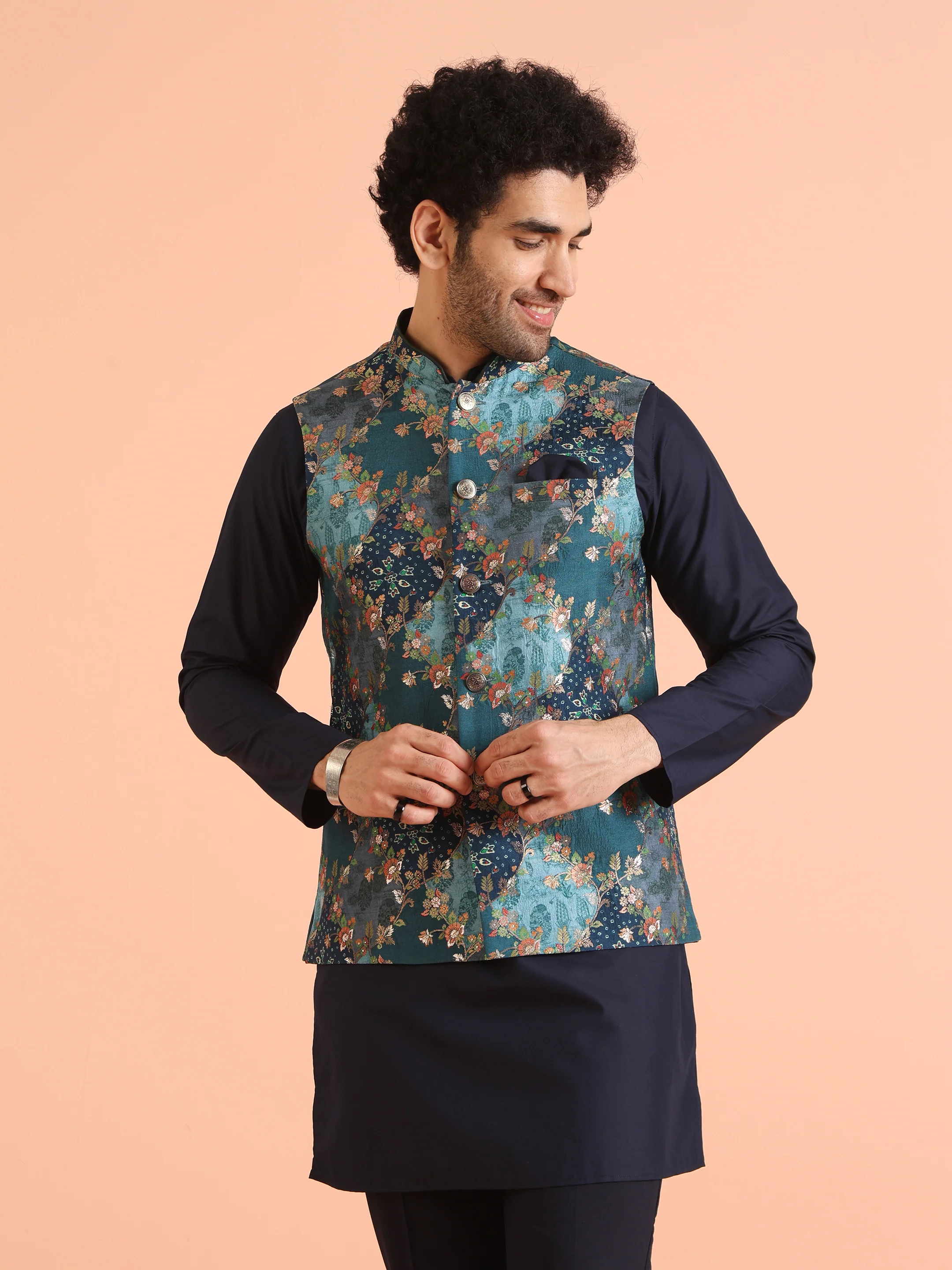 Blue Silk Woven Floral Nehru Jacket Kurta Set - Image 8