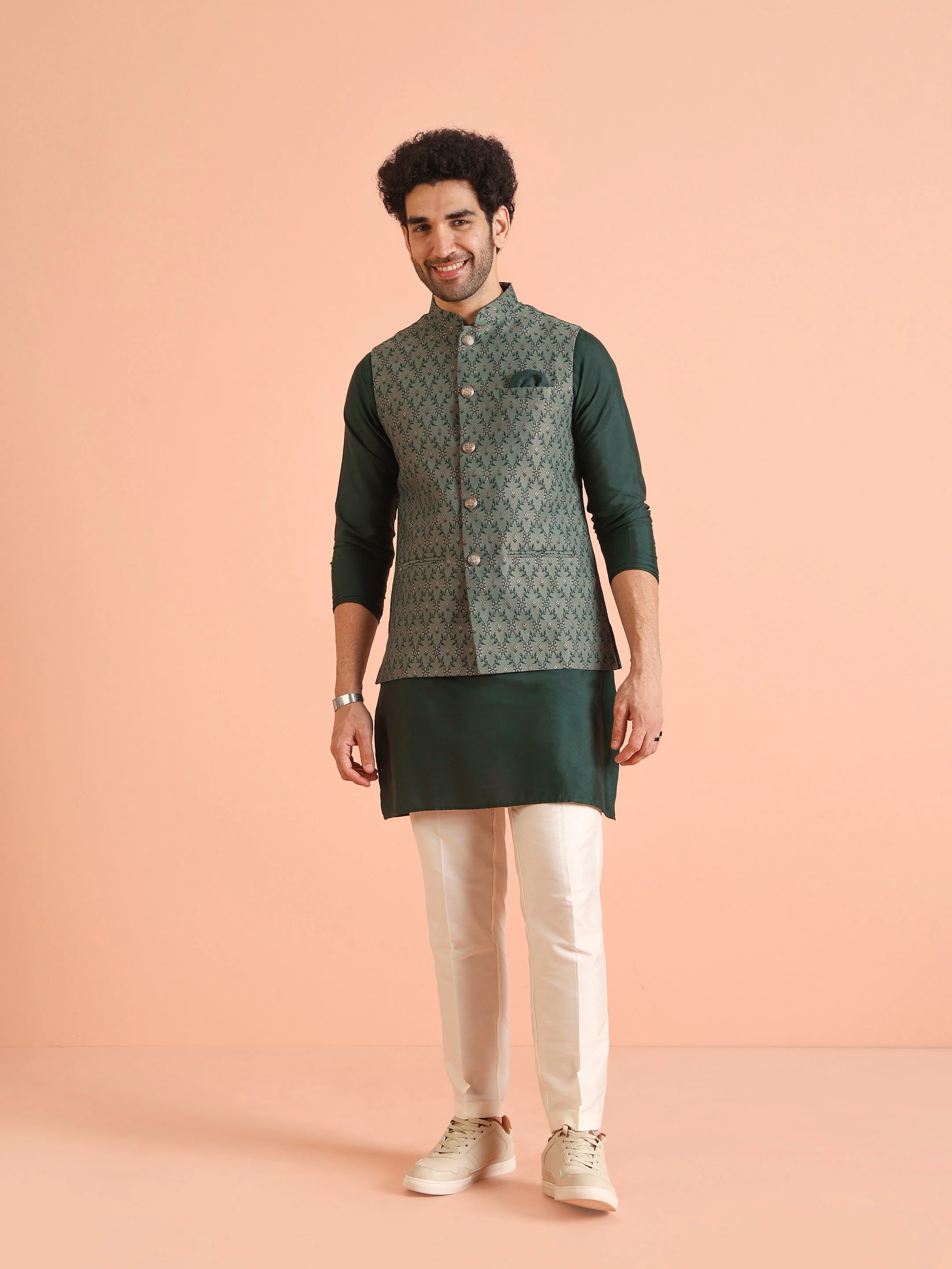 Green Silk Blend Embroidered Jacket Set with Cream Trouser - Image 10
