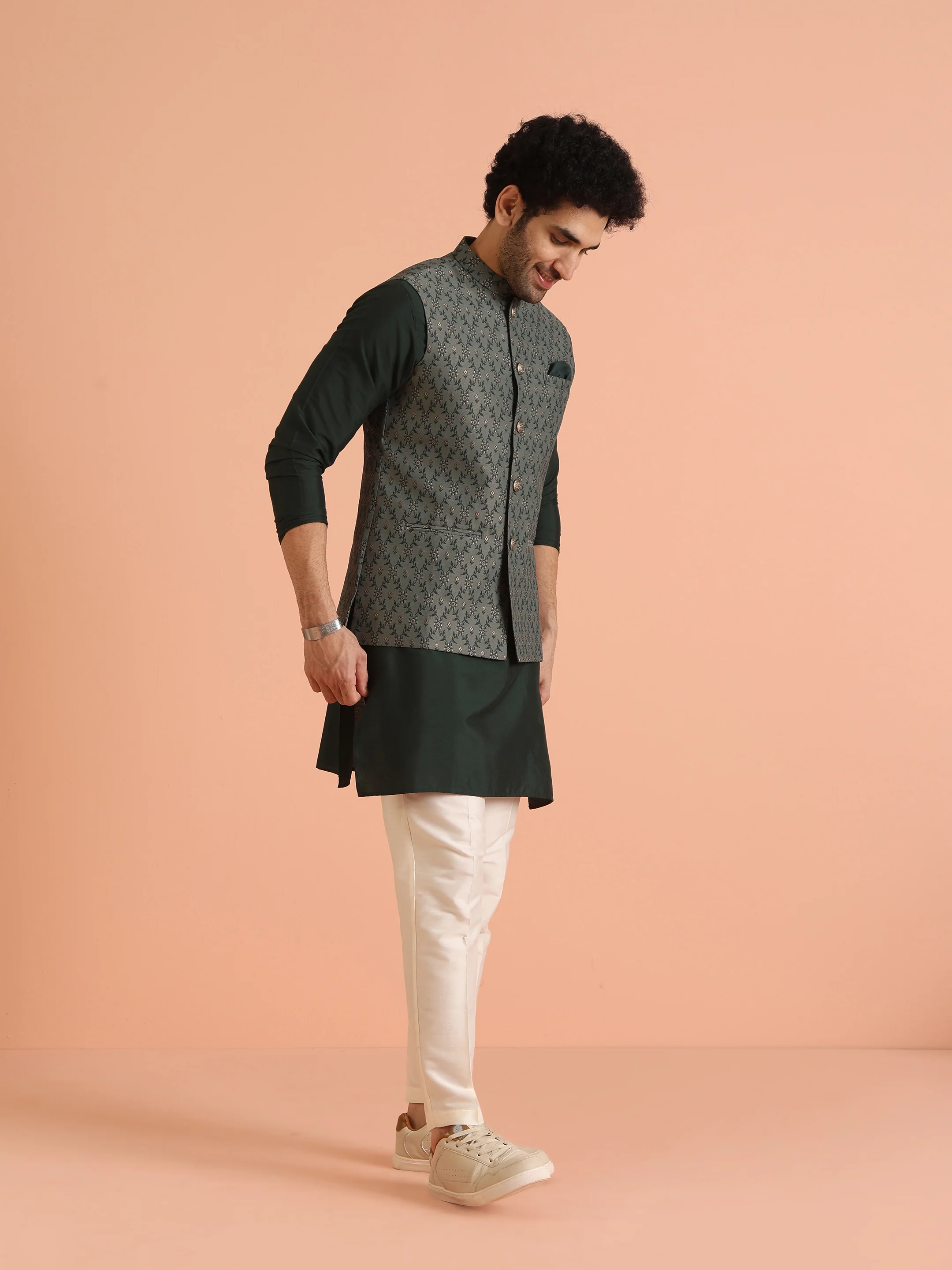 Green Silk Blend Embroidered Jacket Set with Cream Trouser - Image 2