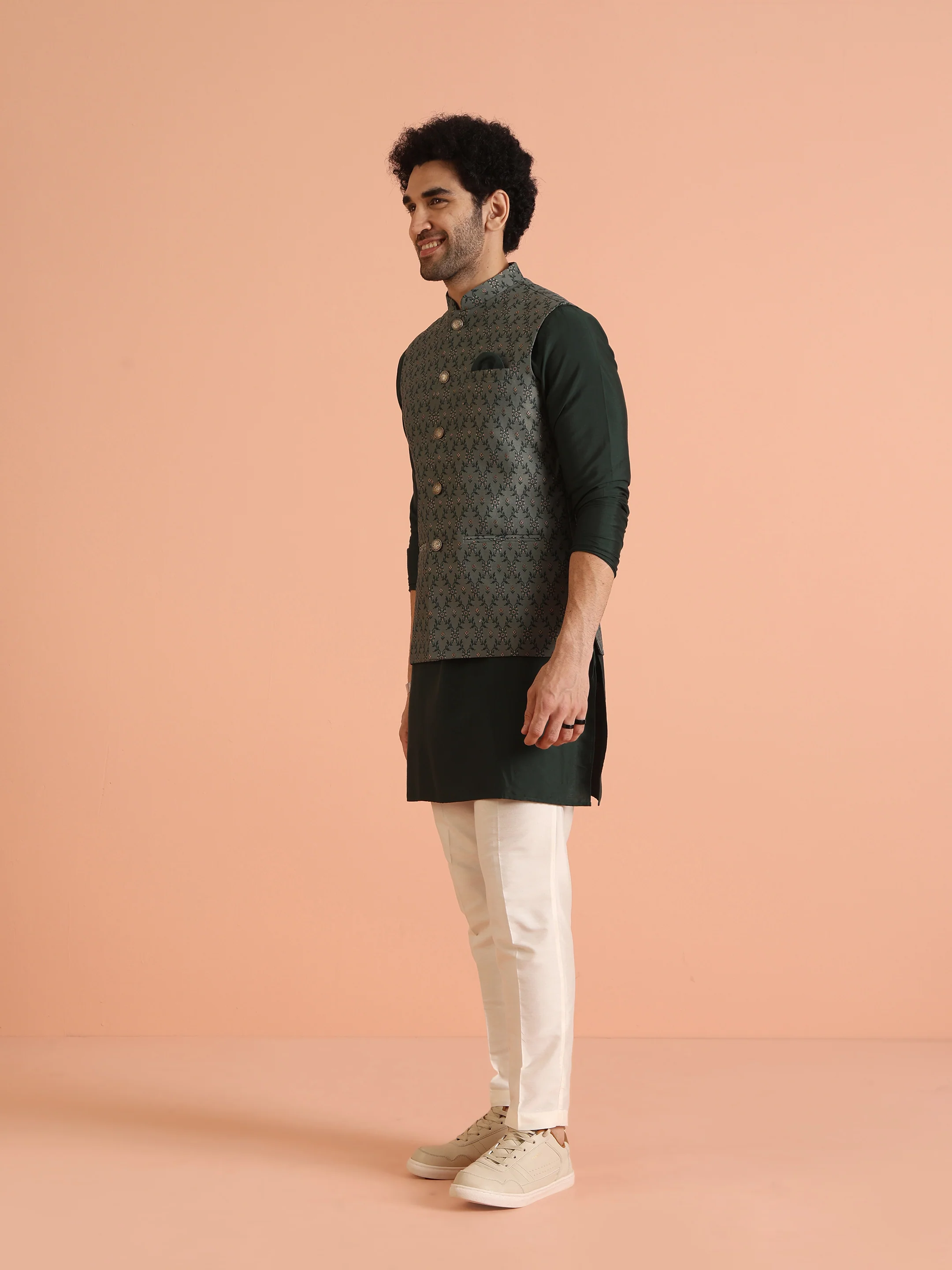 Green Silk Blend Embroidered Jacket Set with Cream Trouser - Image 3