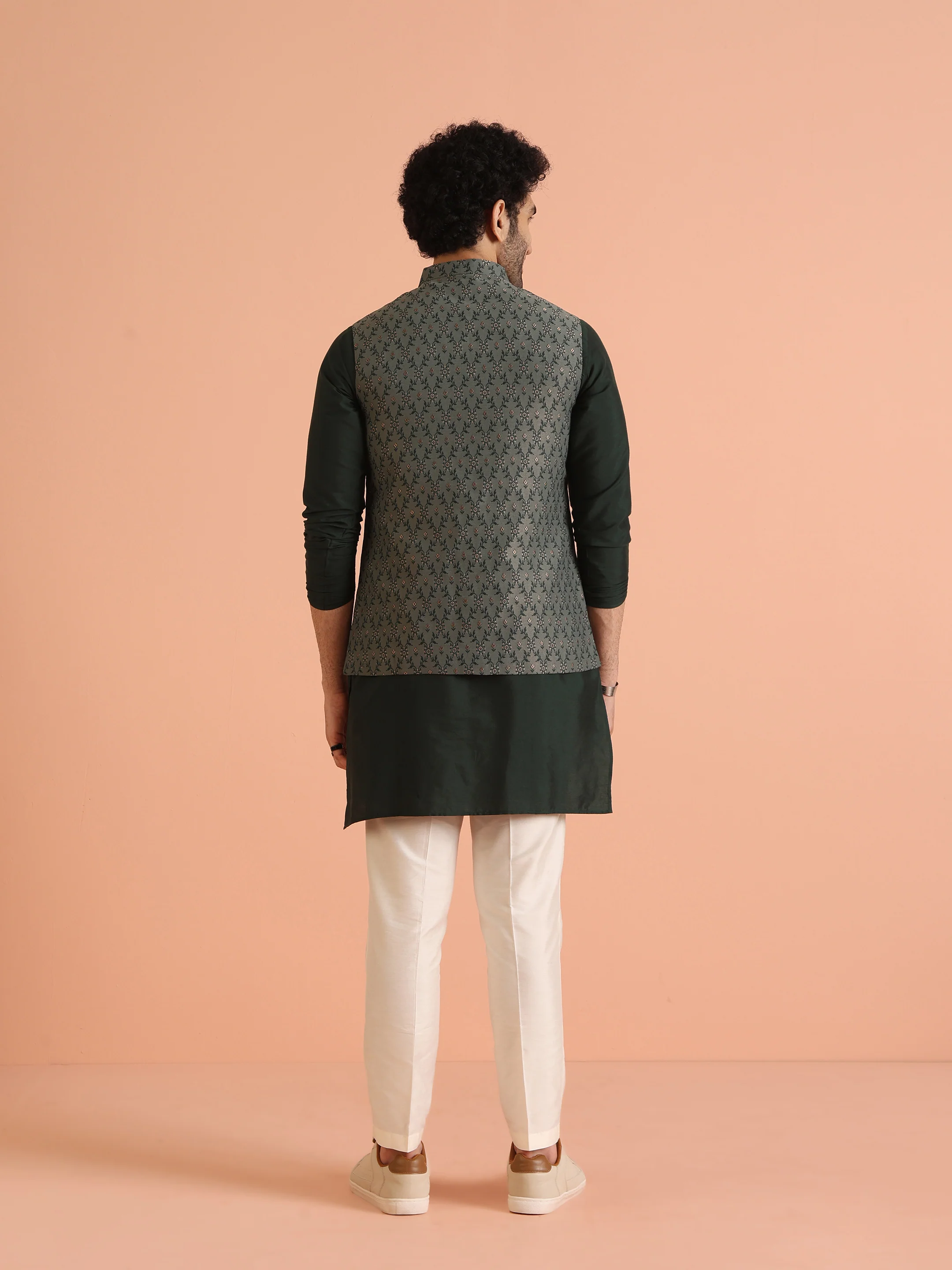 Green Silk Blend Embroidered Jacket Set with Cream Trouser - Image 4