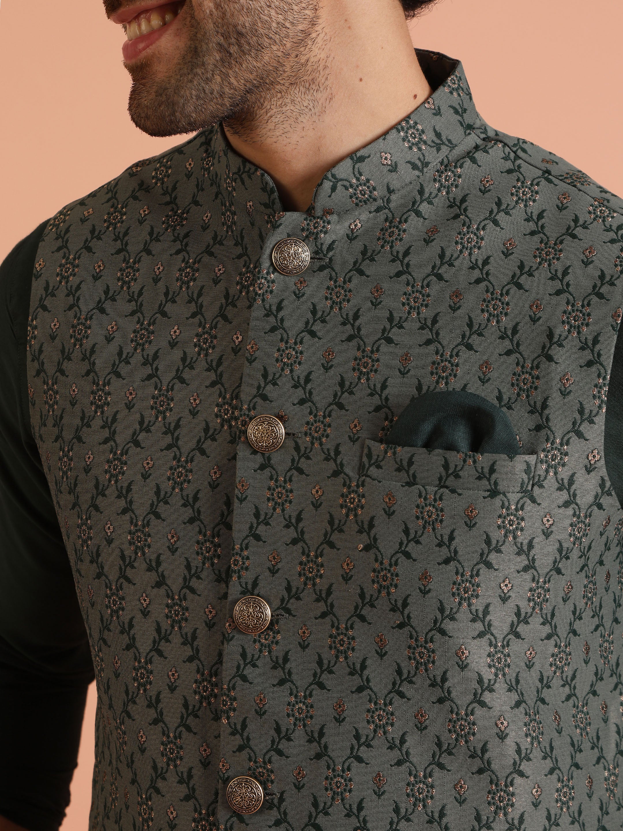 Green Silk Blend Embroidered Jacket Set with Cream Trouser - Image 5