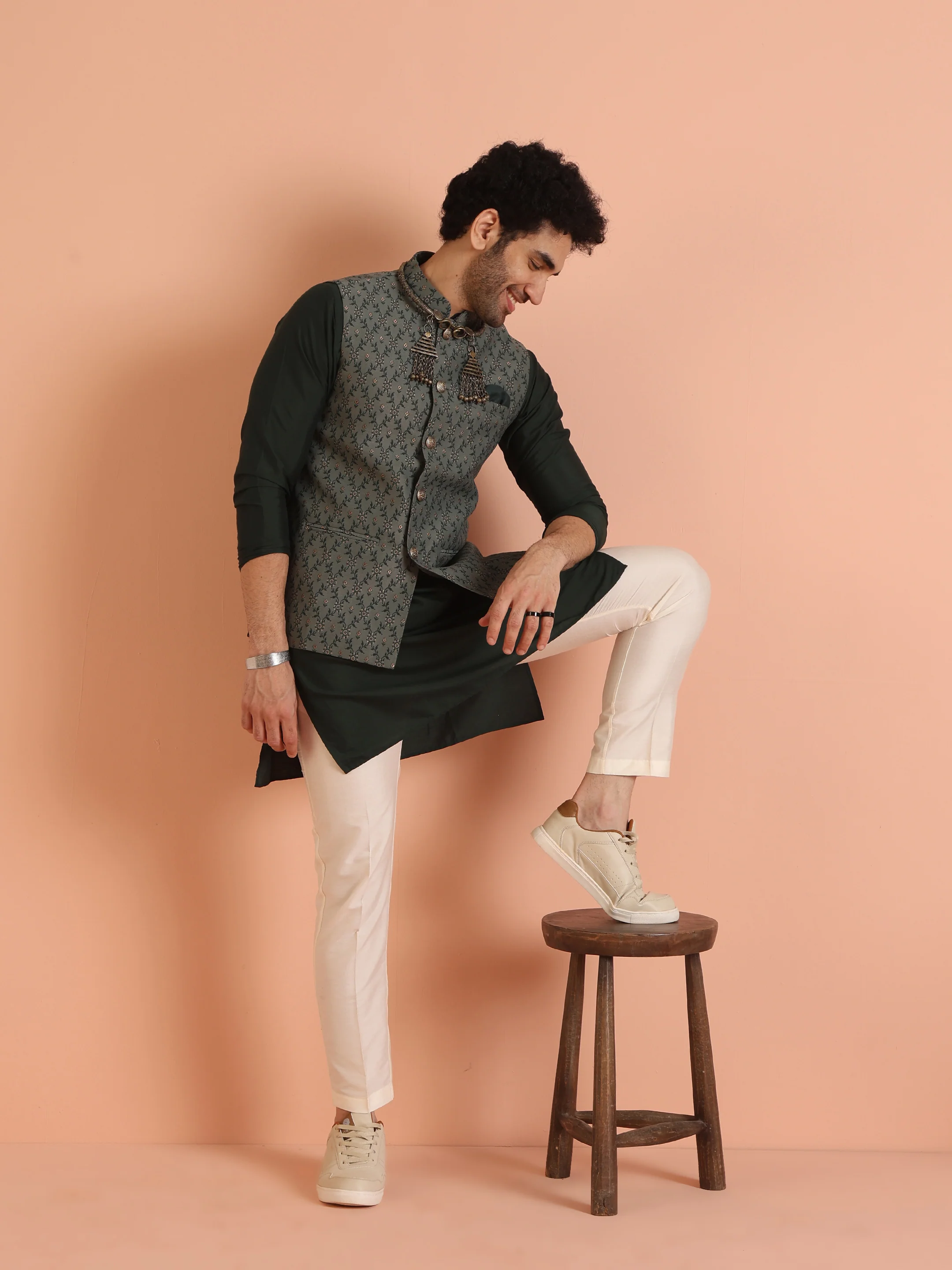 Green Silk Blend Embroidered Jacket Set with Cream Trouser - Image 7