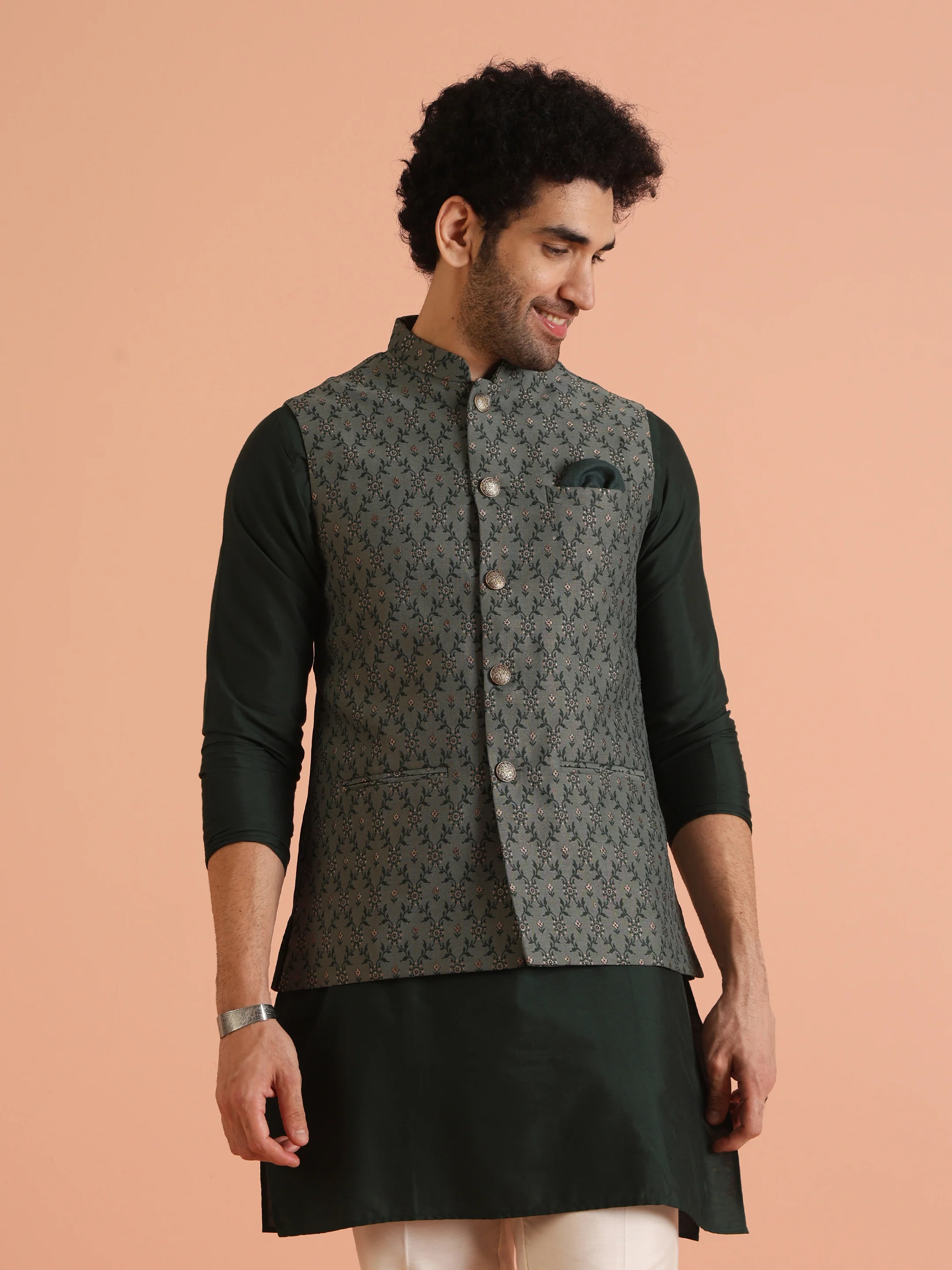 Green Silk Blend Embroidered Jacket Set with Cream Trouser - Image 8