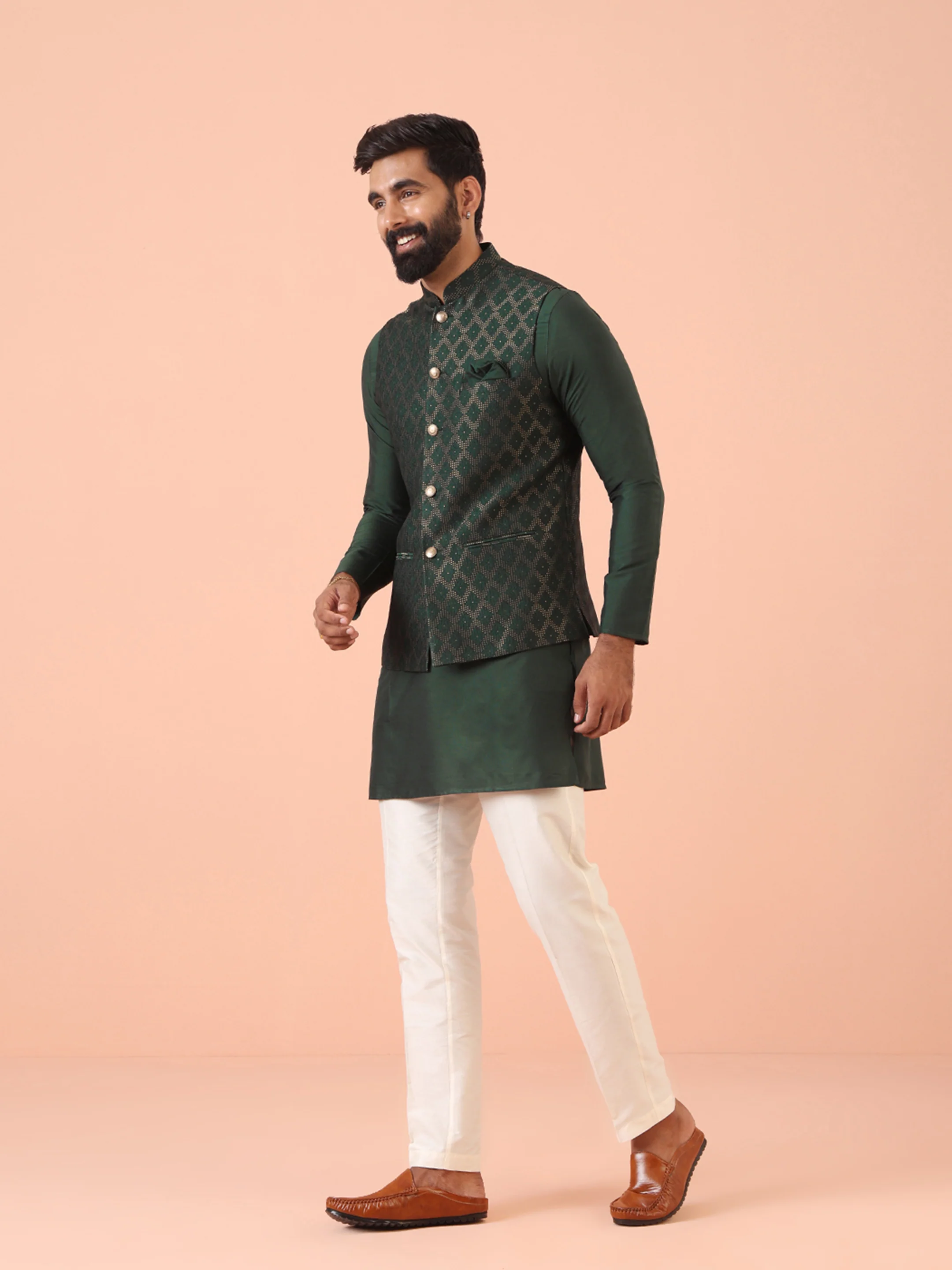 Green Woven Nehru Jacket Kurta Trouser Set - Image 4