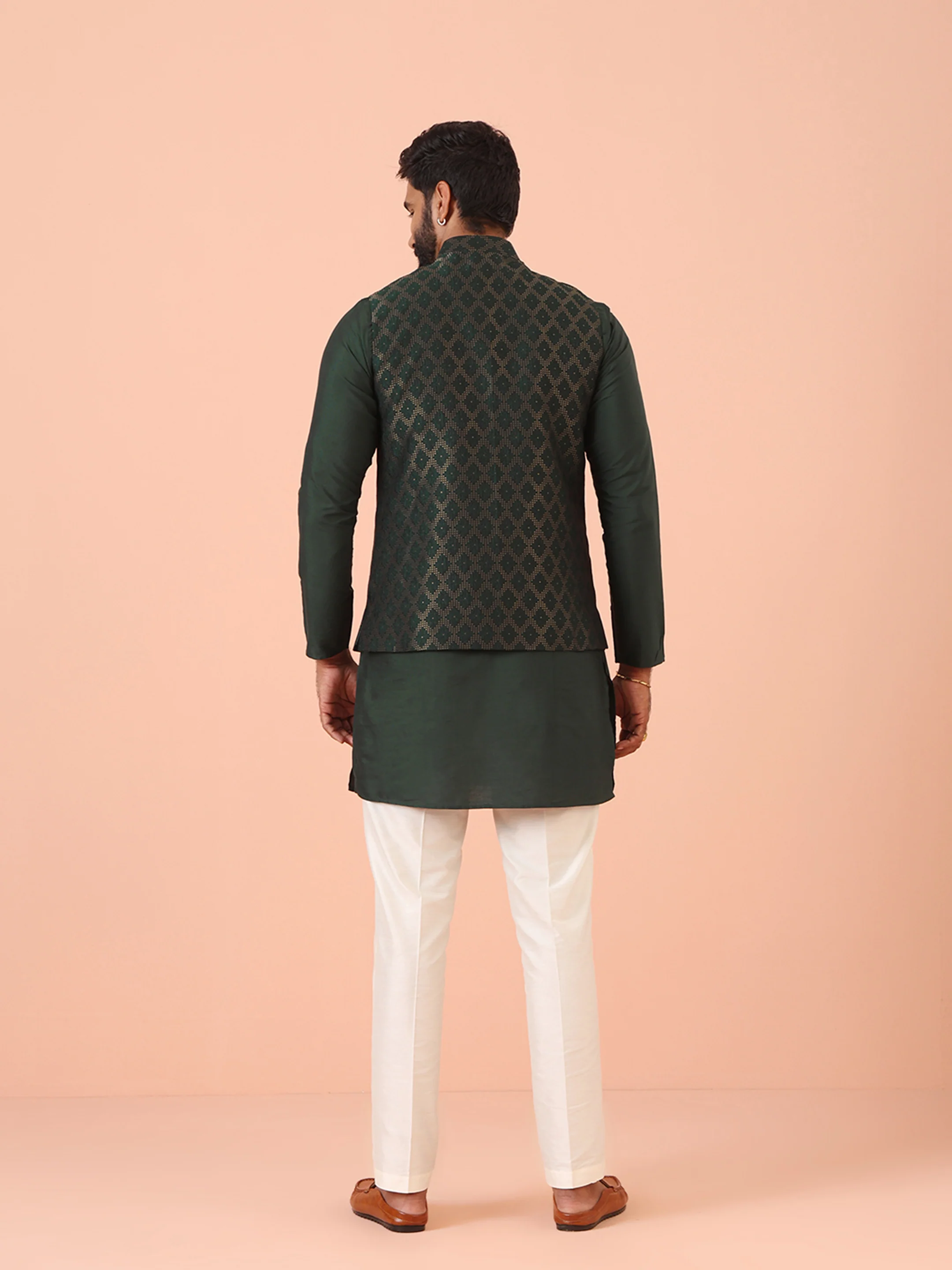Green Woven Nehru Jacket Kurta Trouser Set - Image 5