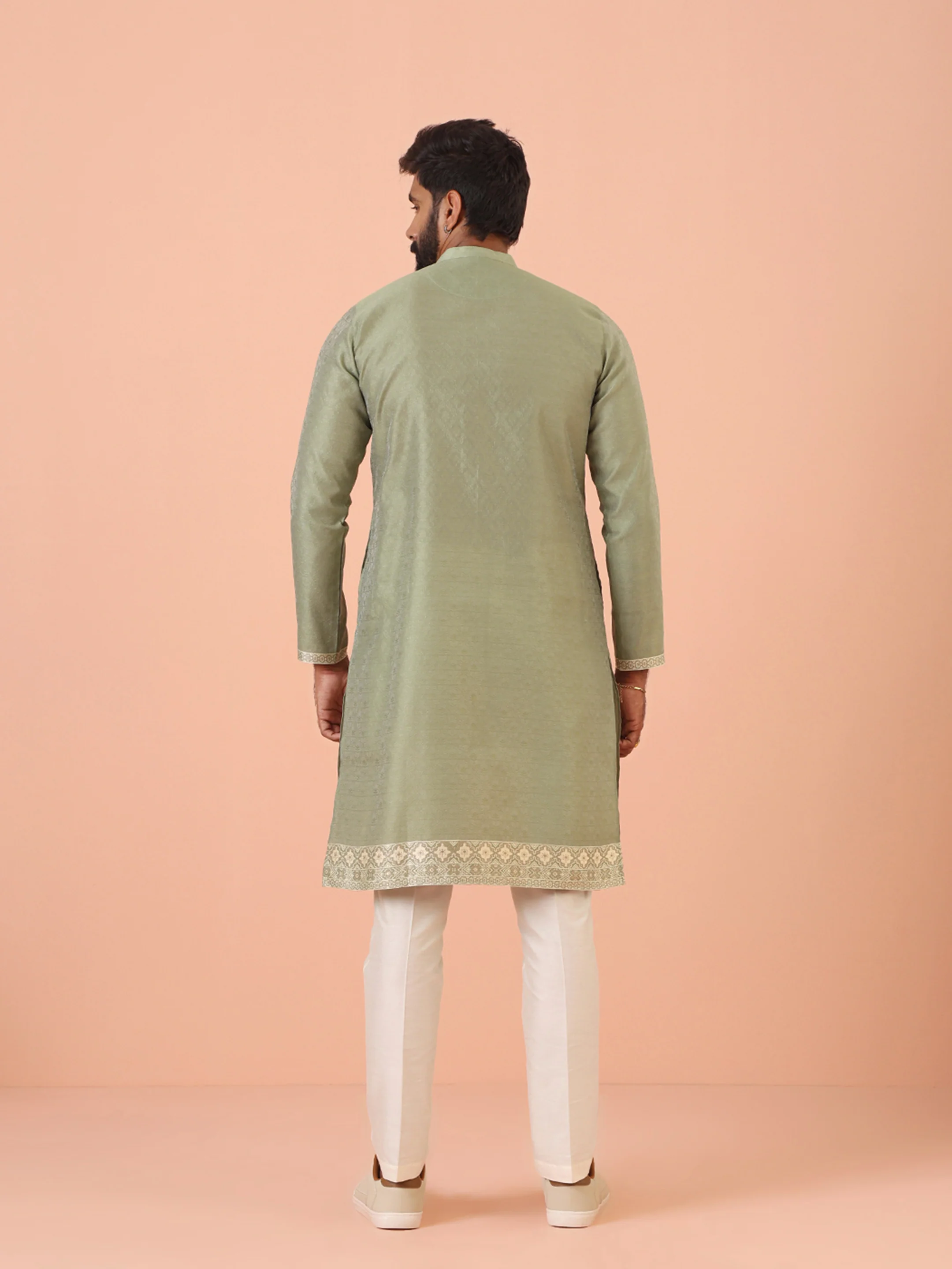 Men Green Woven Design Kurta Trouser Set - Image 3