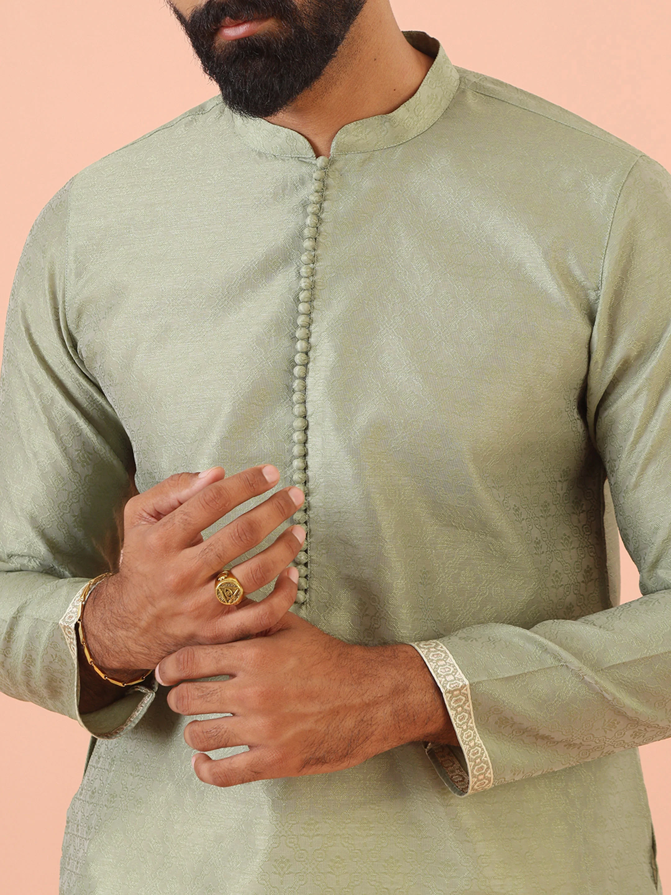 Men Green Woven Design Kurta Trouser Set - Image 4