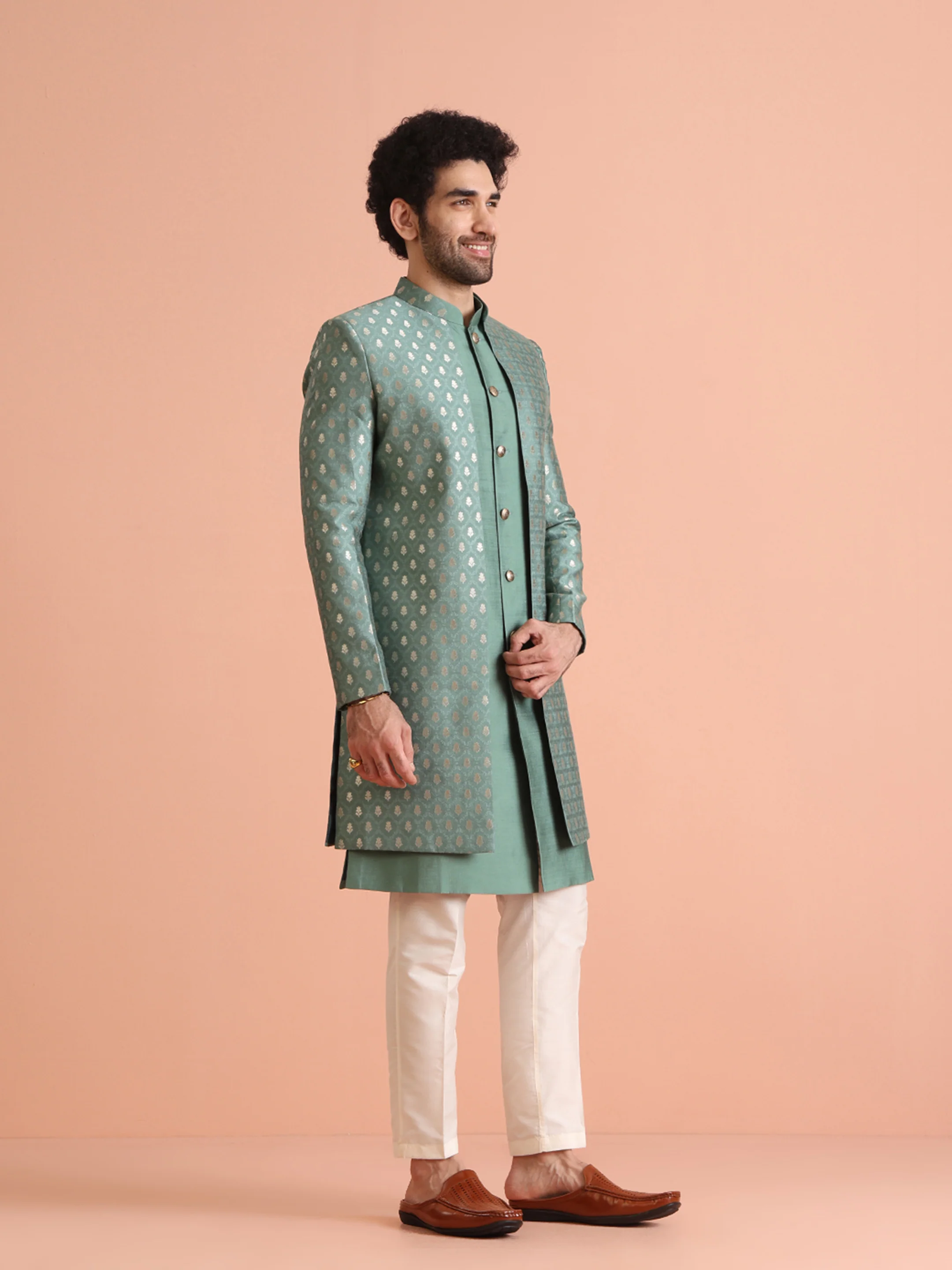 Mint Green Silk Blend Textured Sherwani Trouser Set - Image 2